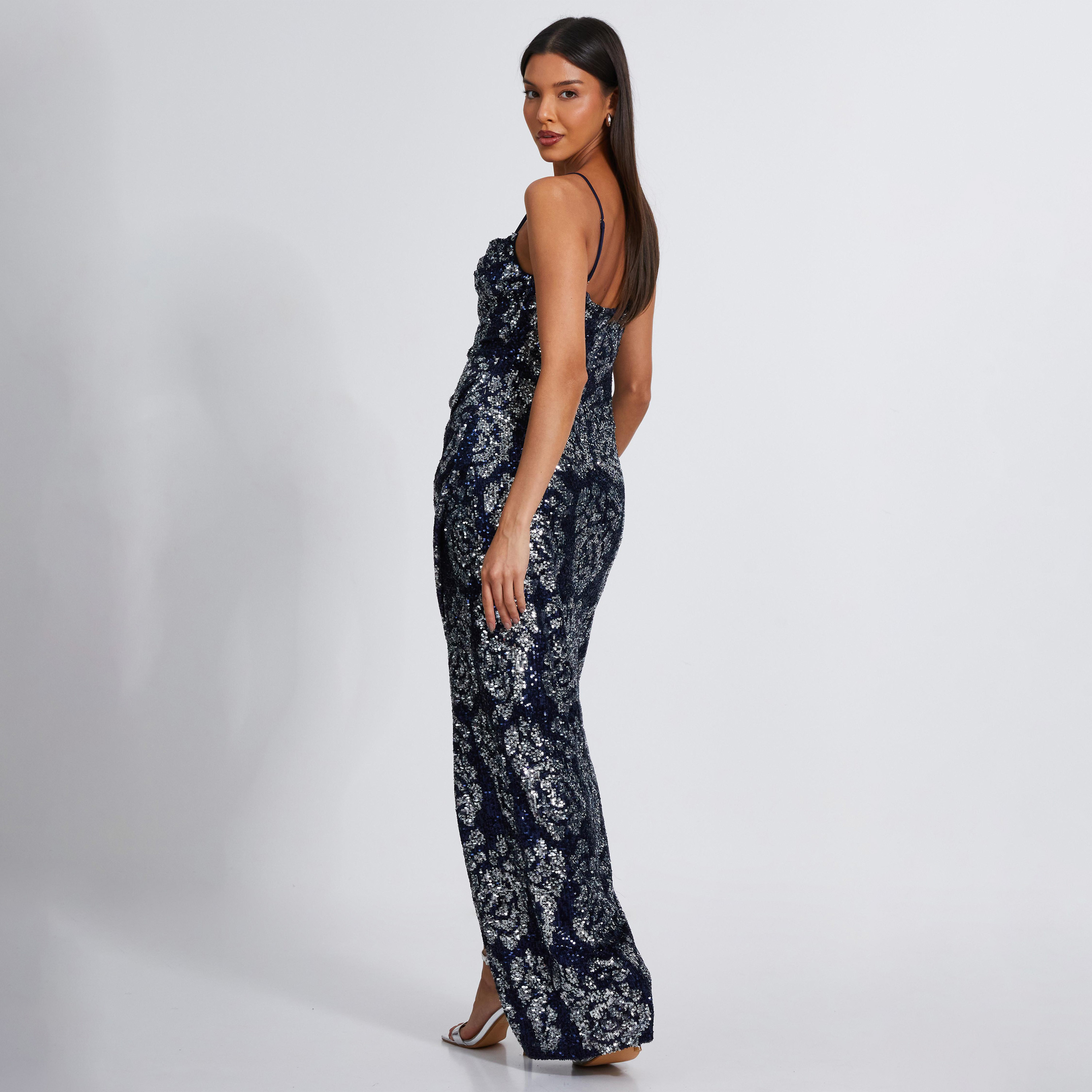 كويز-  فستان ماكسي بقماش سكوبا من الترتر برقبة منخفضة-women-clothing-dresses-image-3