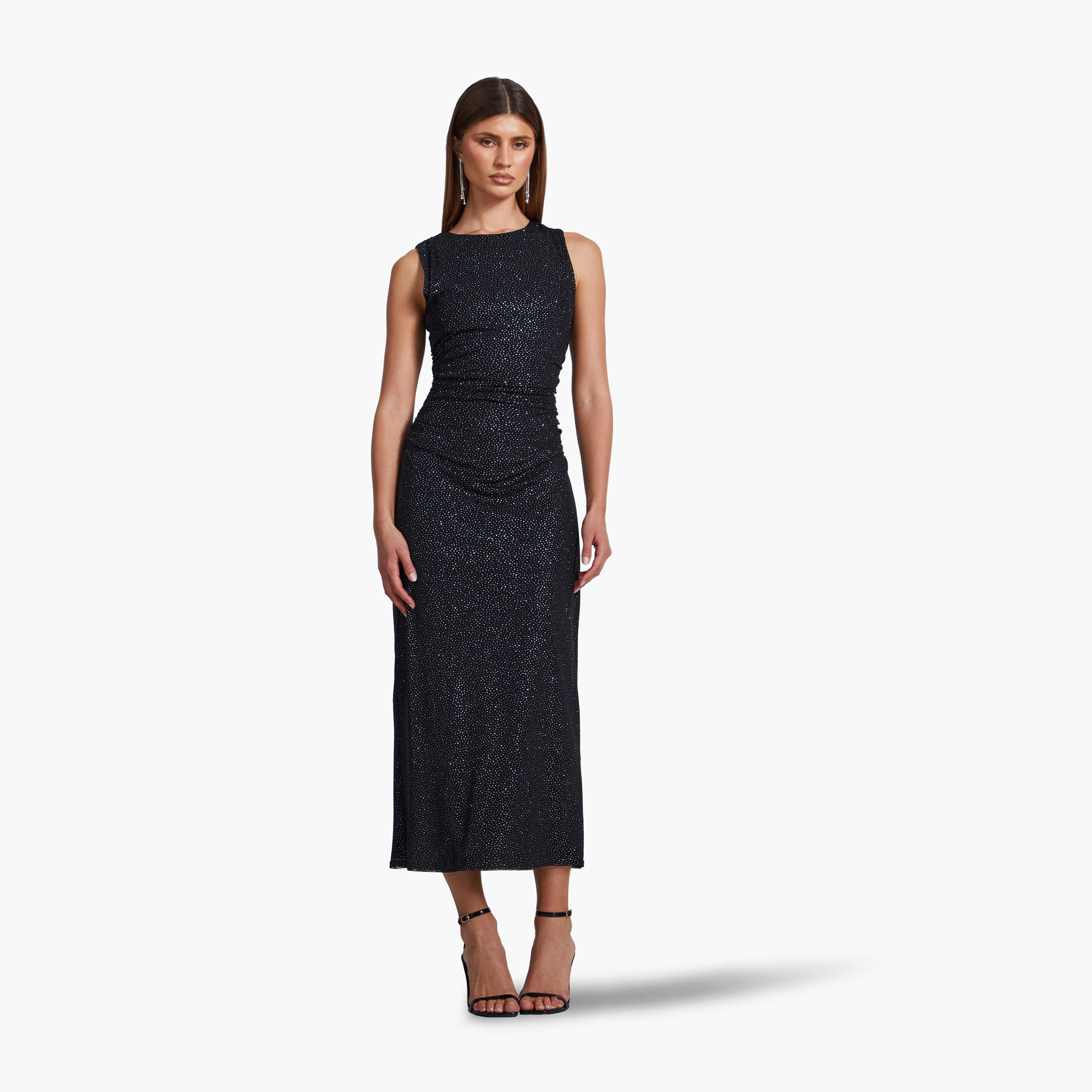 Quiz Black Glitter Mesh Sleeveless Ruched Midi Evening Dress-women-clothing-dresses-image-1