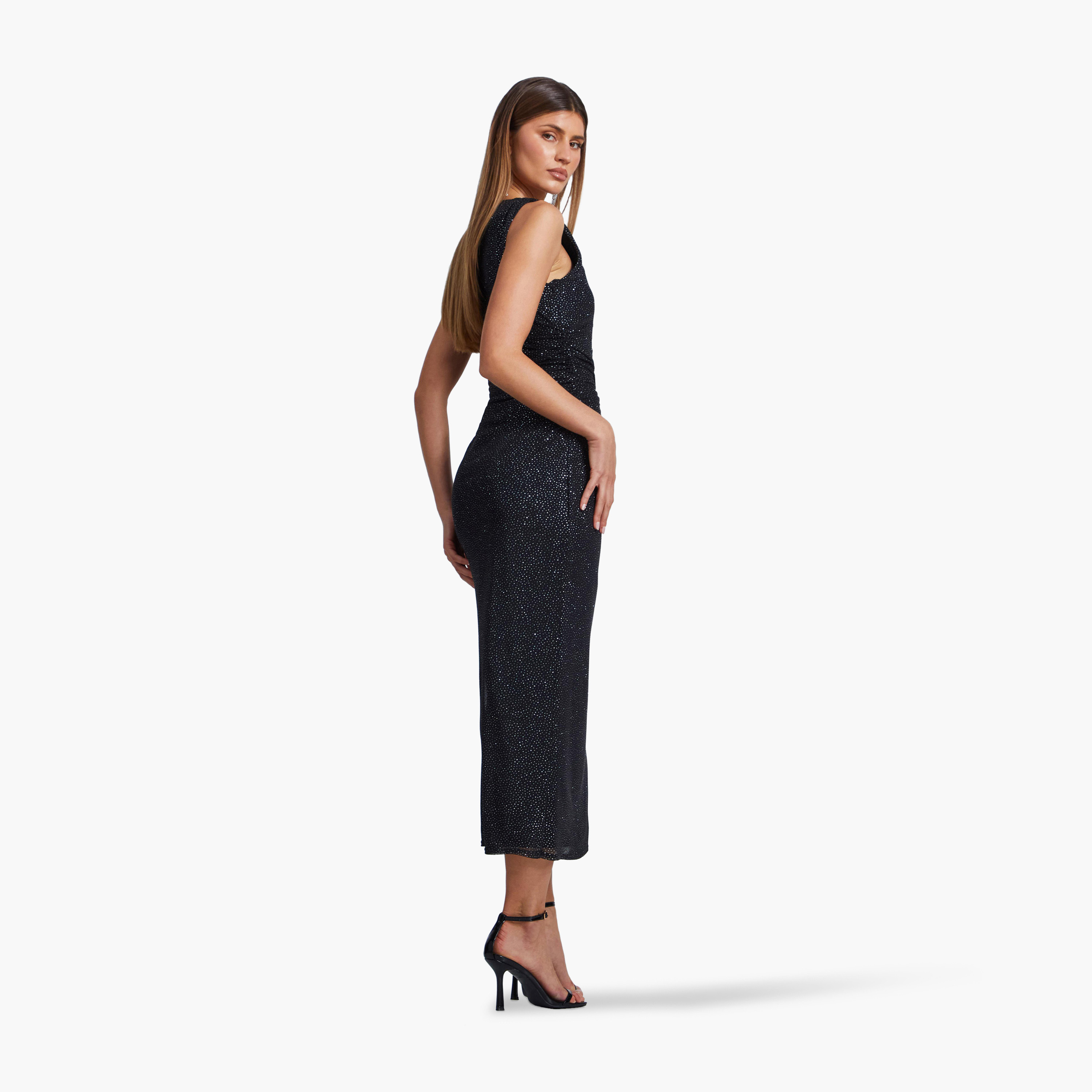 كويز-  فستان سهرة أسود لامع شبكي وكشكشة بدون أكمام-women-clothing-dresses-image-2