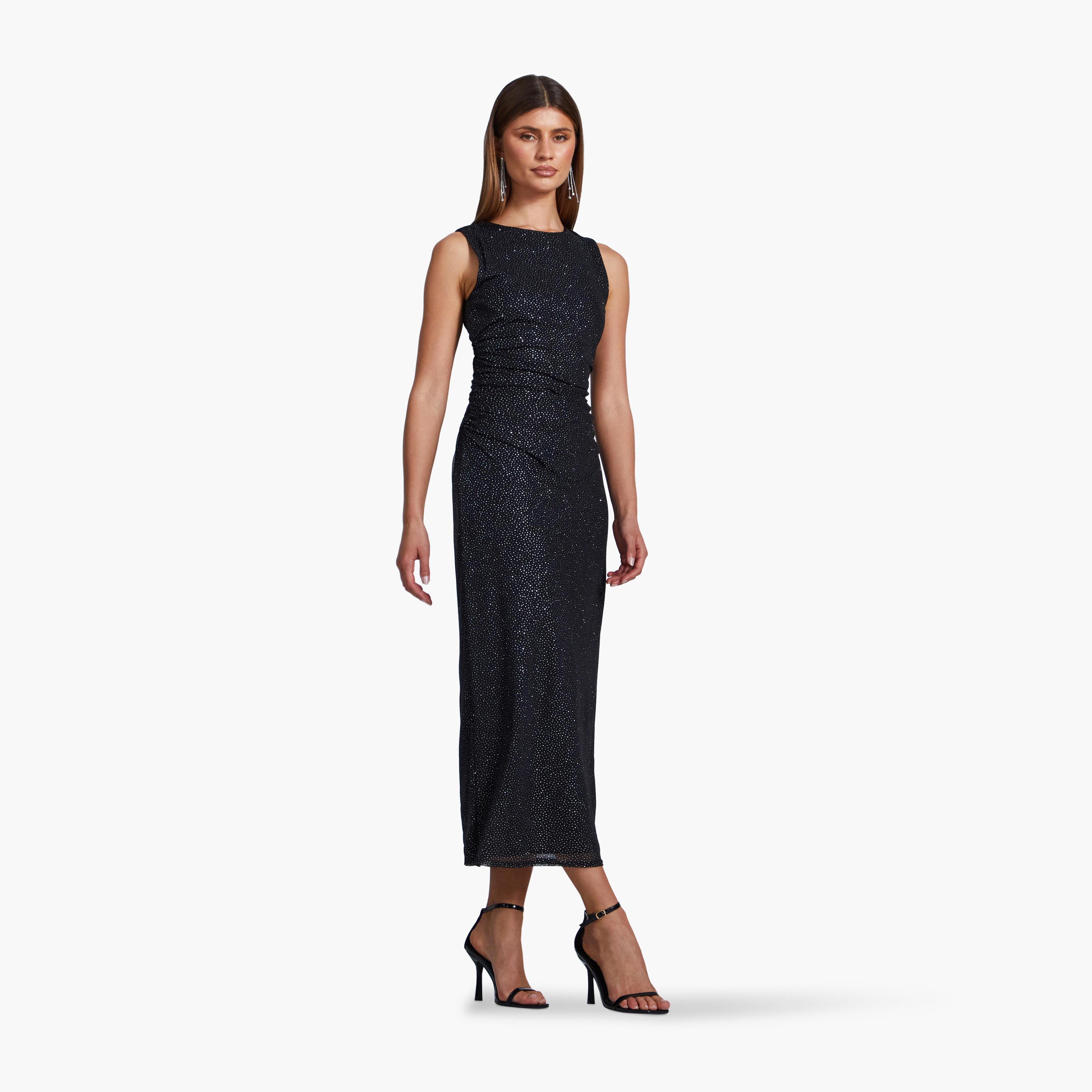 كويز-  فستان سهرة أسود لامع شبكي وكشكشة بدون أكمام-women-clothing-dresses-image-3