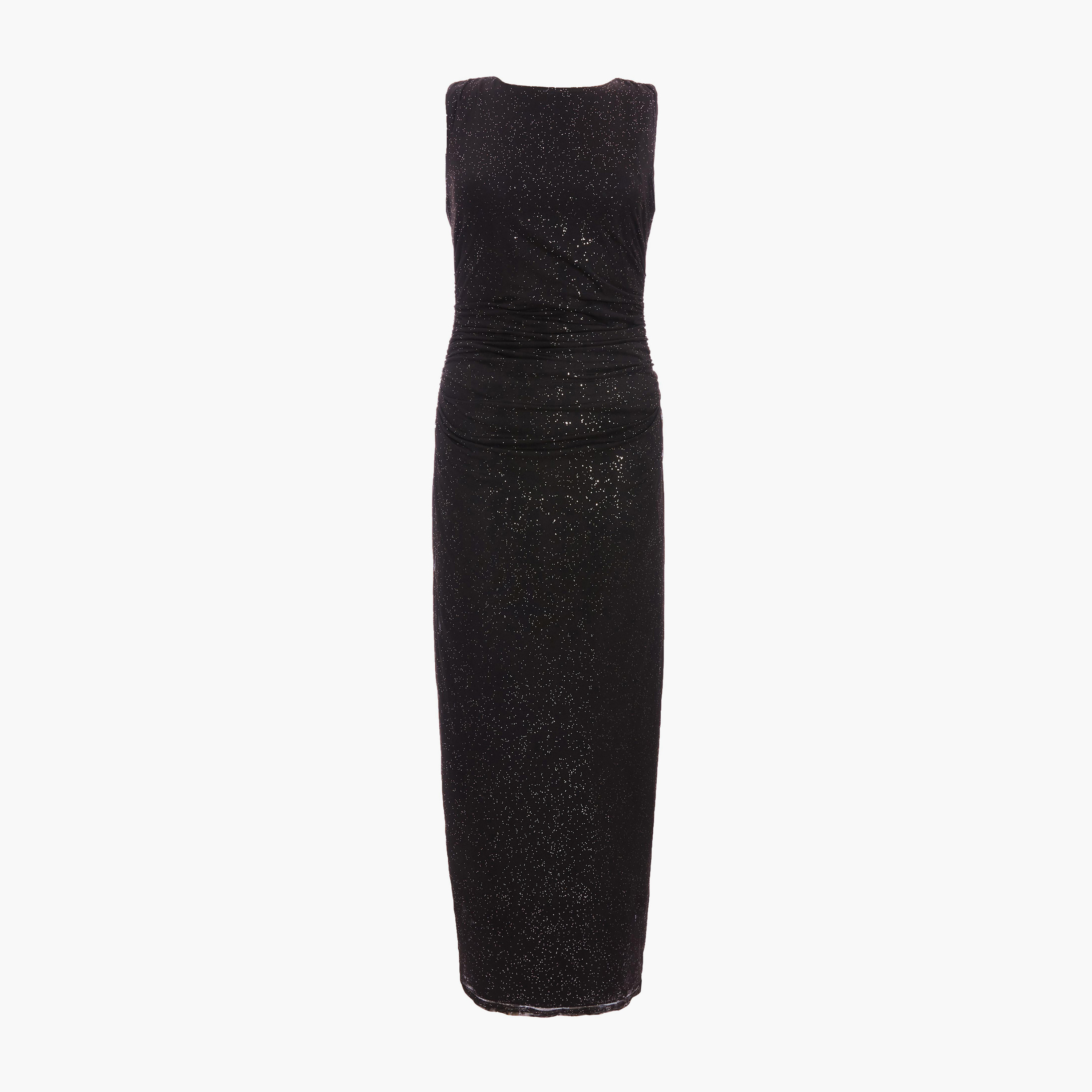 كويز-  فستان سهرة أسود لامع شبكي وكشكشة بدون أكمام-women-clothing-dresses-image-5