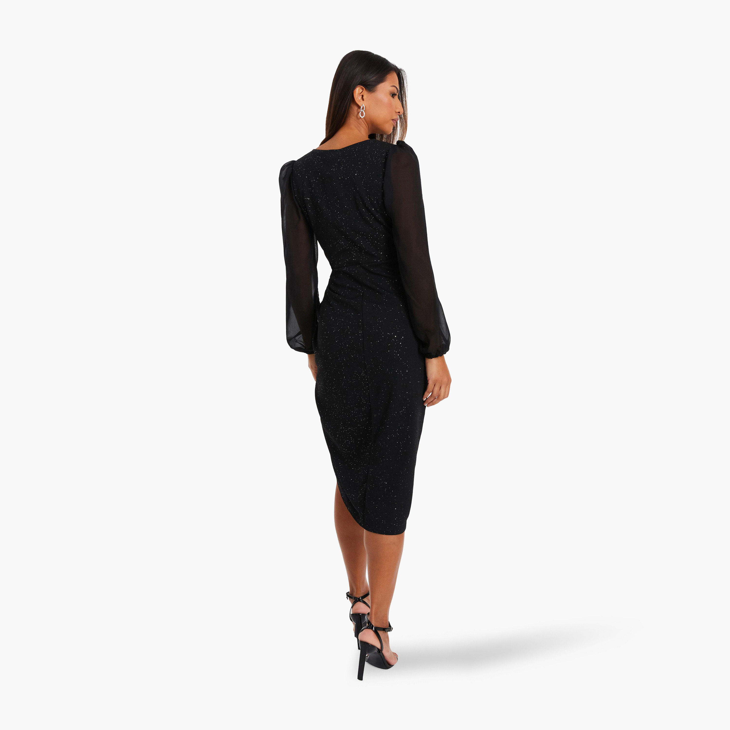 Quiz Black Front Wrap Live Glitter Chiffon Sleeve Ruched Midi Evening Dress-women-clothing-dresses-image-2