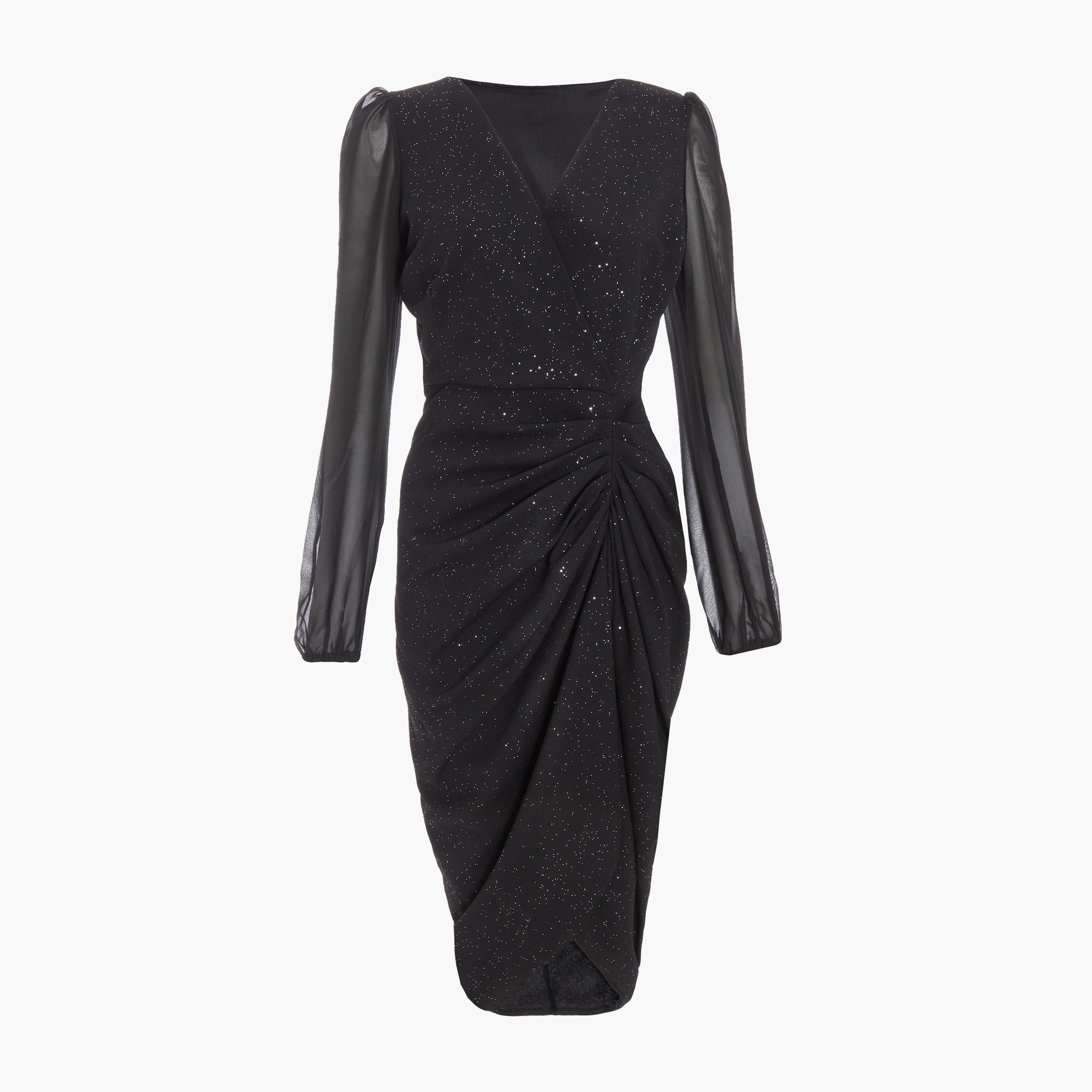 Quiz Black Front Wrap Live Glitter Chiffon Sleeve Ruched Midi Evening Dress-women-clothing-dresses-image-5