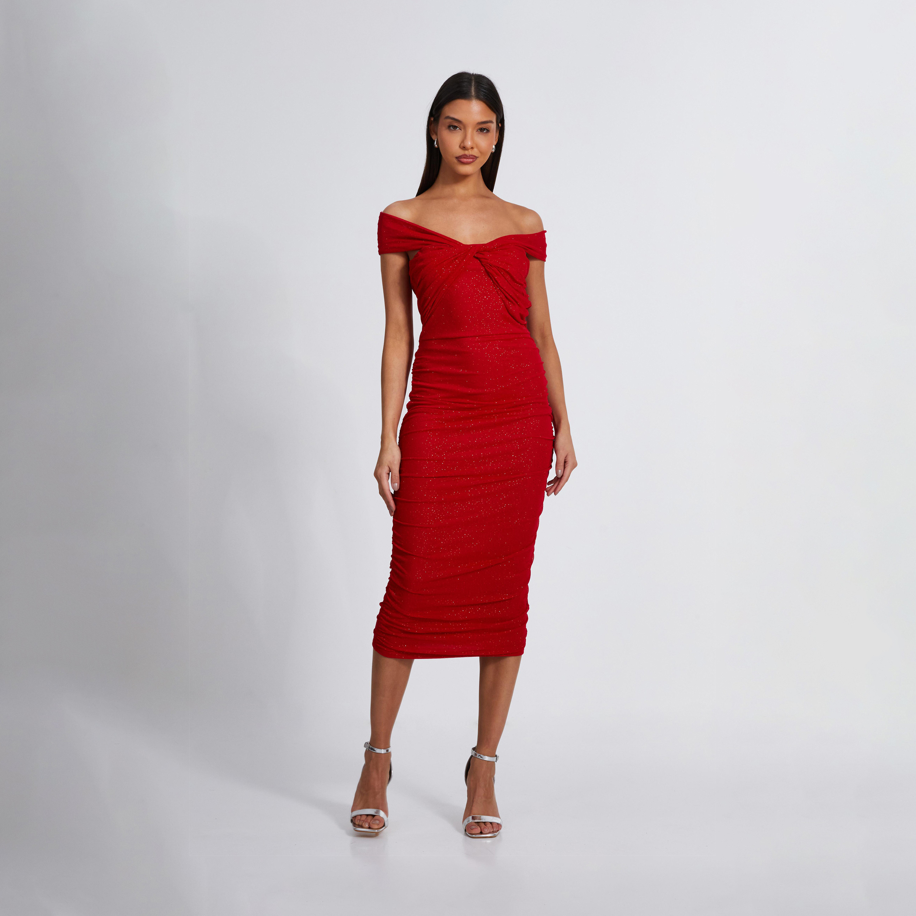 Quiz Red Glitter Mesh Twist Front Bardot Midaxi Dress-women-clothing-dresses-image-1