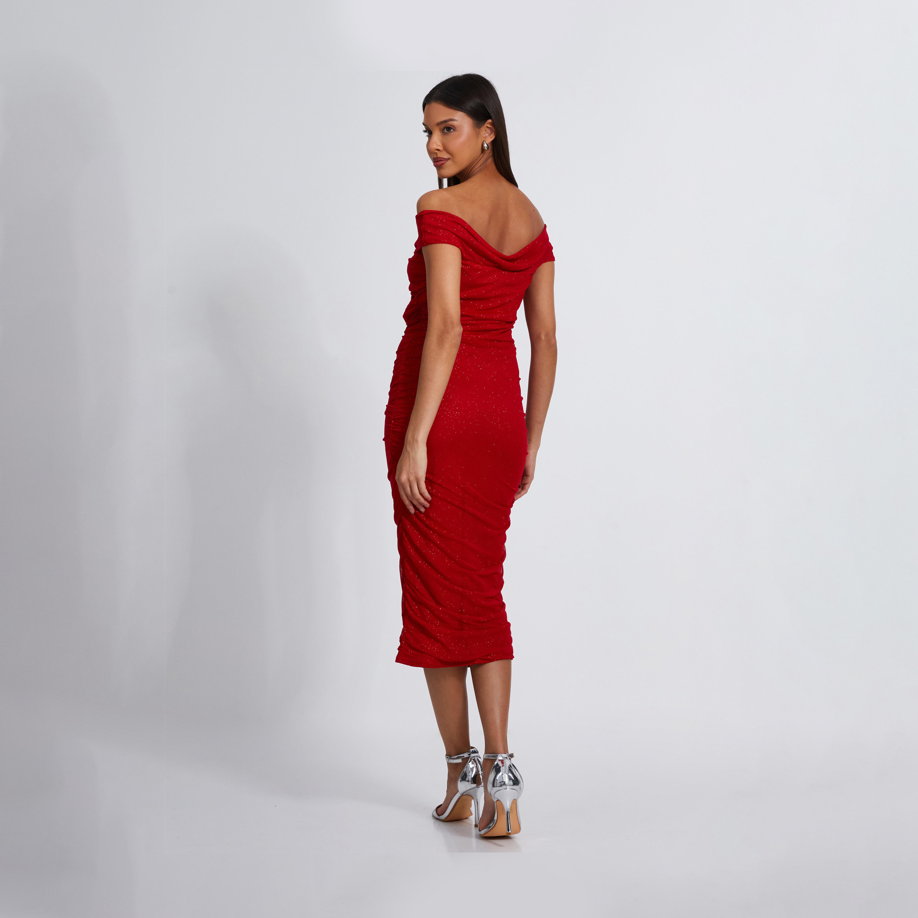 كويز-  فستان ميداكسي أحمر لامع من القماش الشبكي برباط أمامي ملتوي-women-clothing-dresses-image-2