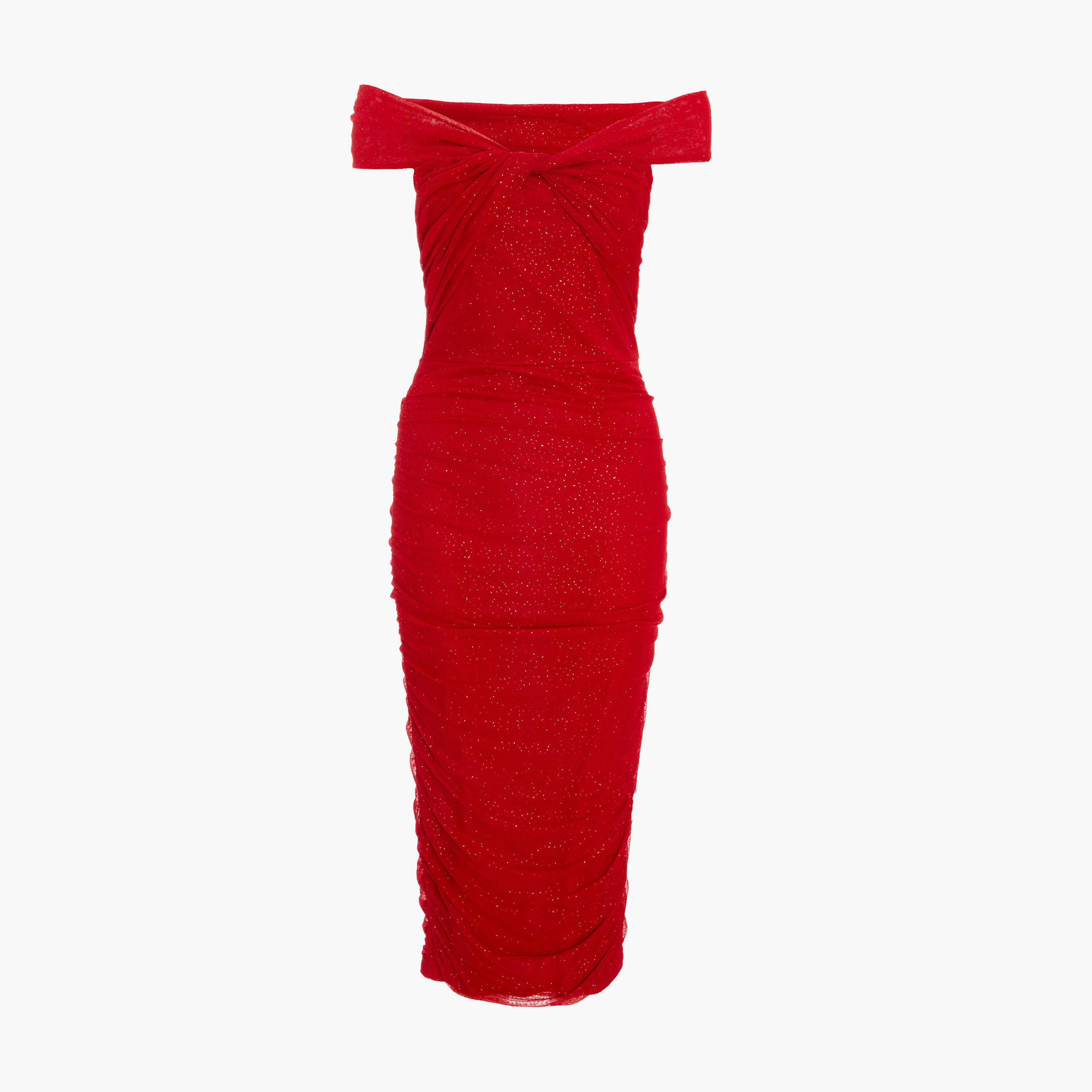 كويز-  فستان ميداكسي أحمر لامع من القماش الشبكي برباط أمامي ملتوي-women-clothing-dresses-image-5