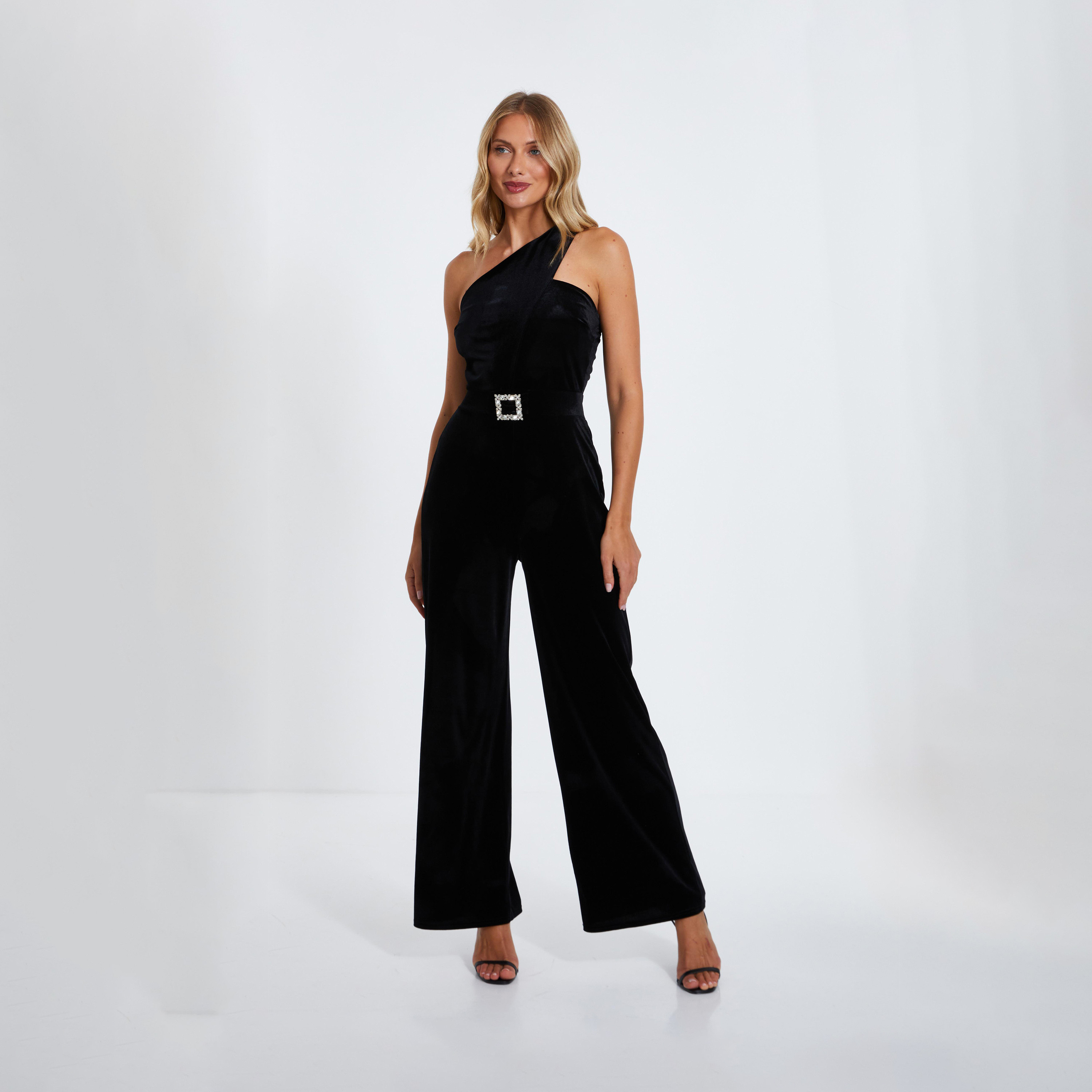 Quiz Black Asymmetric Velvet Jumpsuit with Embellished Buckle-women-clothing-jumpsuits-image-1