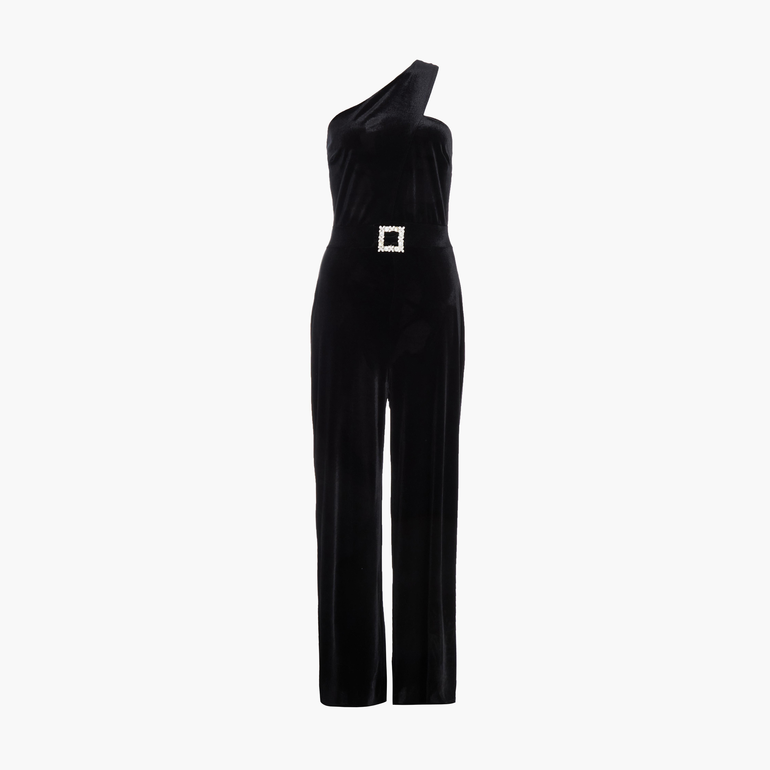 كويز-  فستان سهرة مخملي أسود غير متماثل   ومشبك مزين-women-clothing-jumpsuits-image-5