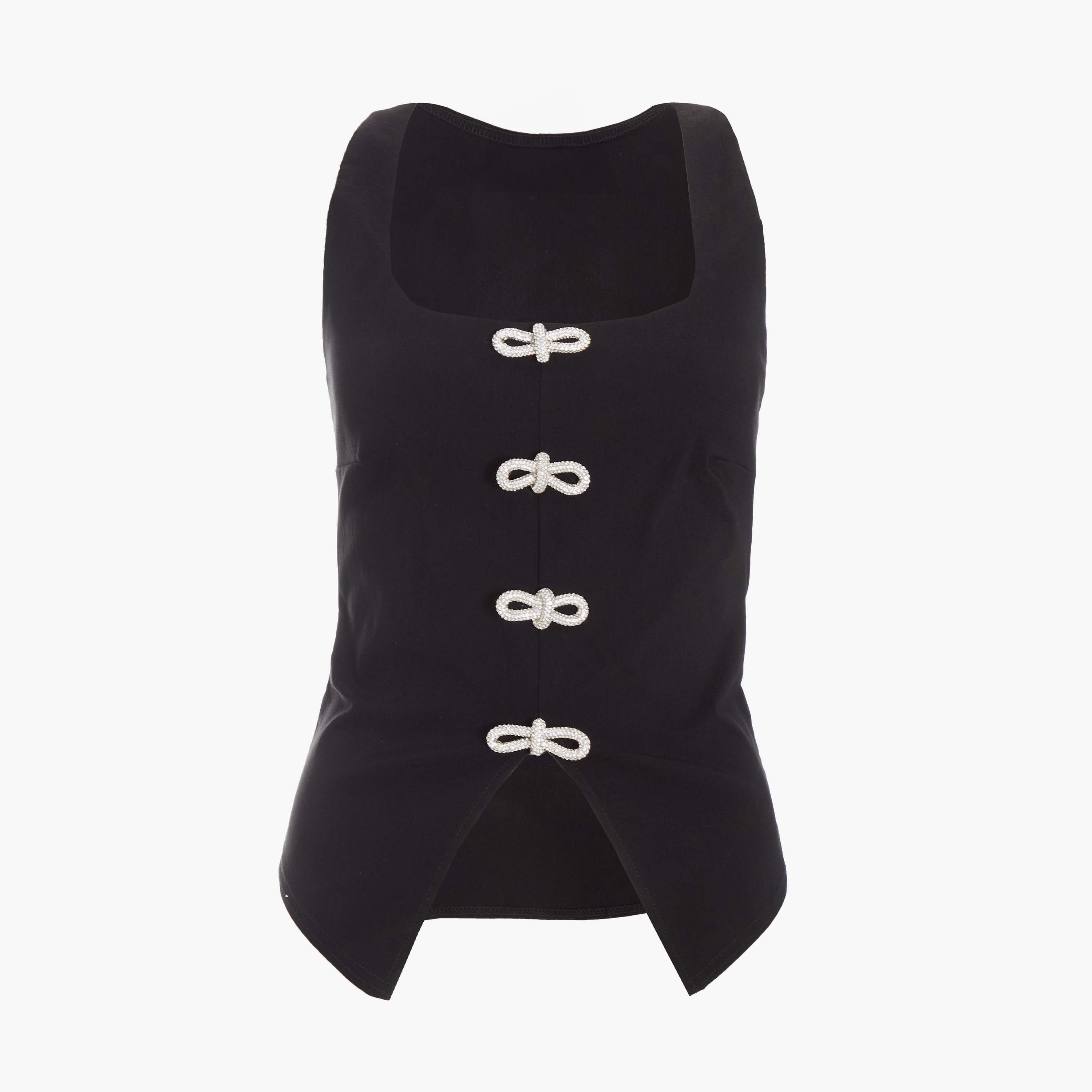 Quiz Black Bengaline Square Neck Diamante Bow Front Top-women-clothing-tshirts-image-5
