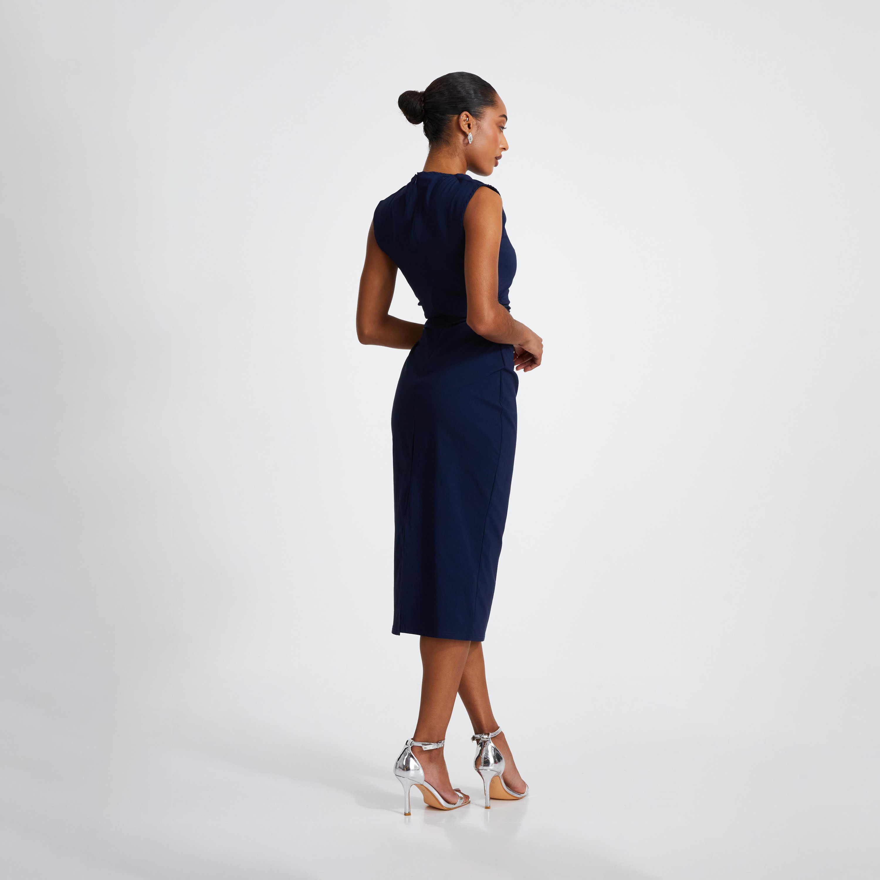 Quiz Navy Bengaline High Neck Ruched Midi Dress-women-clothing-dresses-image-2