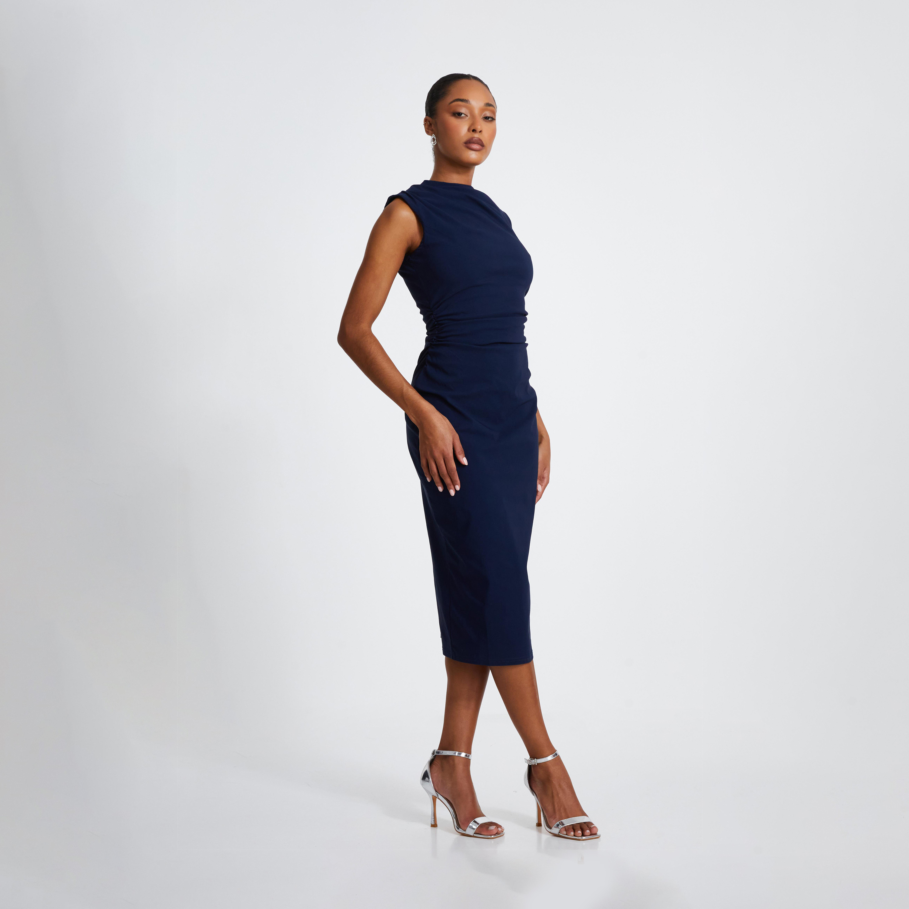 Quiz Navy Bengaline High Neck Ruched Midi Dress-women-clothing-dresses-image-3