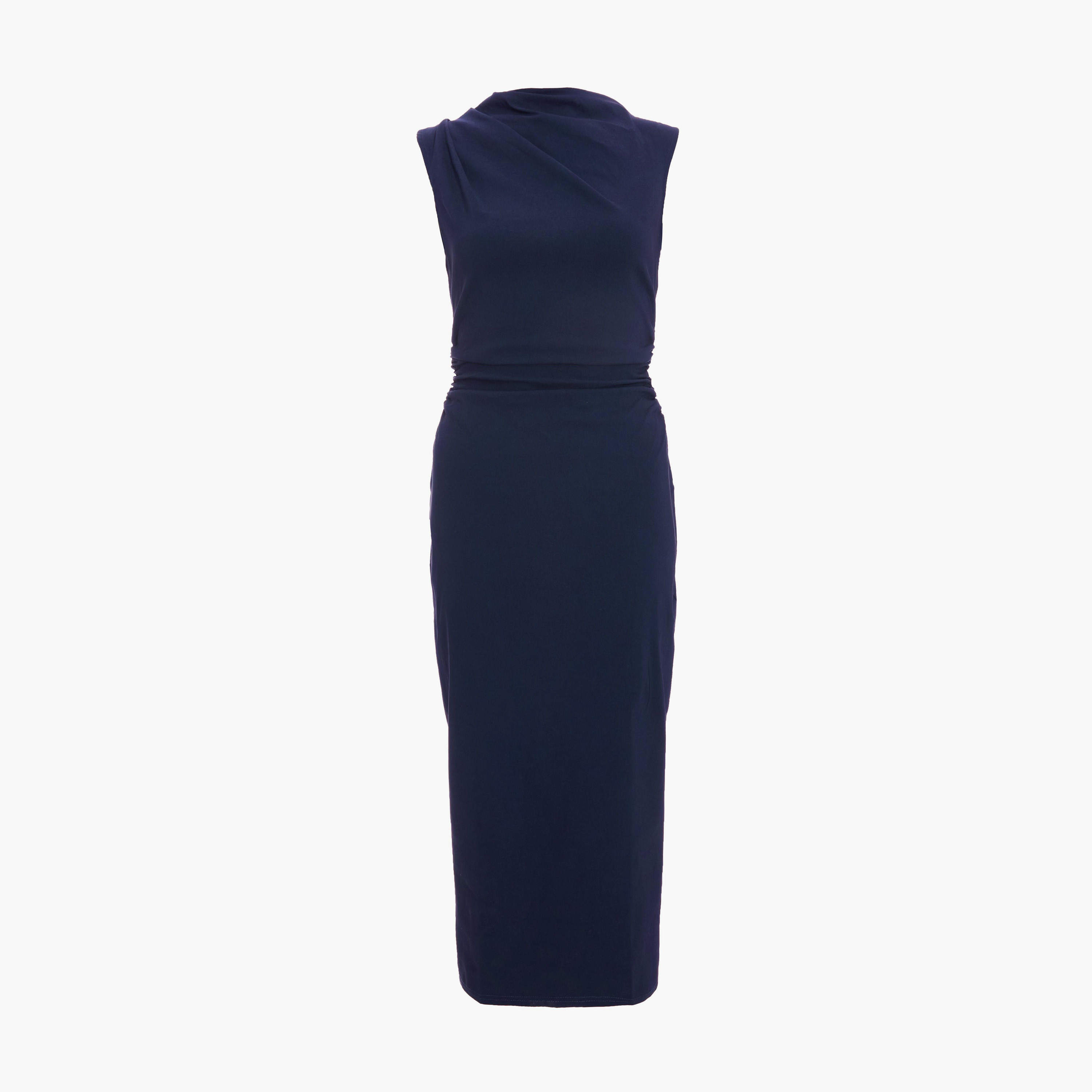 Quiz Navy Bengaline High Neck Ruched Midi Dress-women-clothing-dresses-image-5