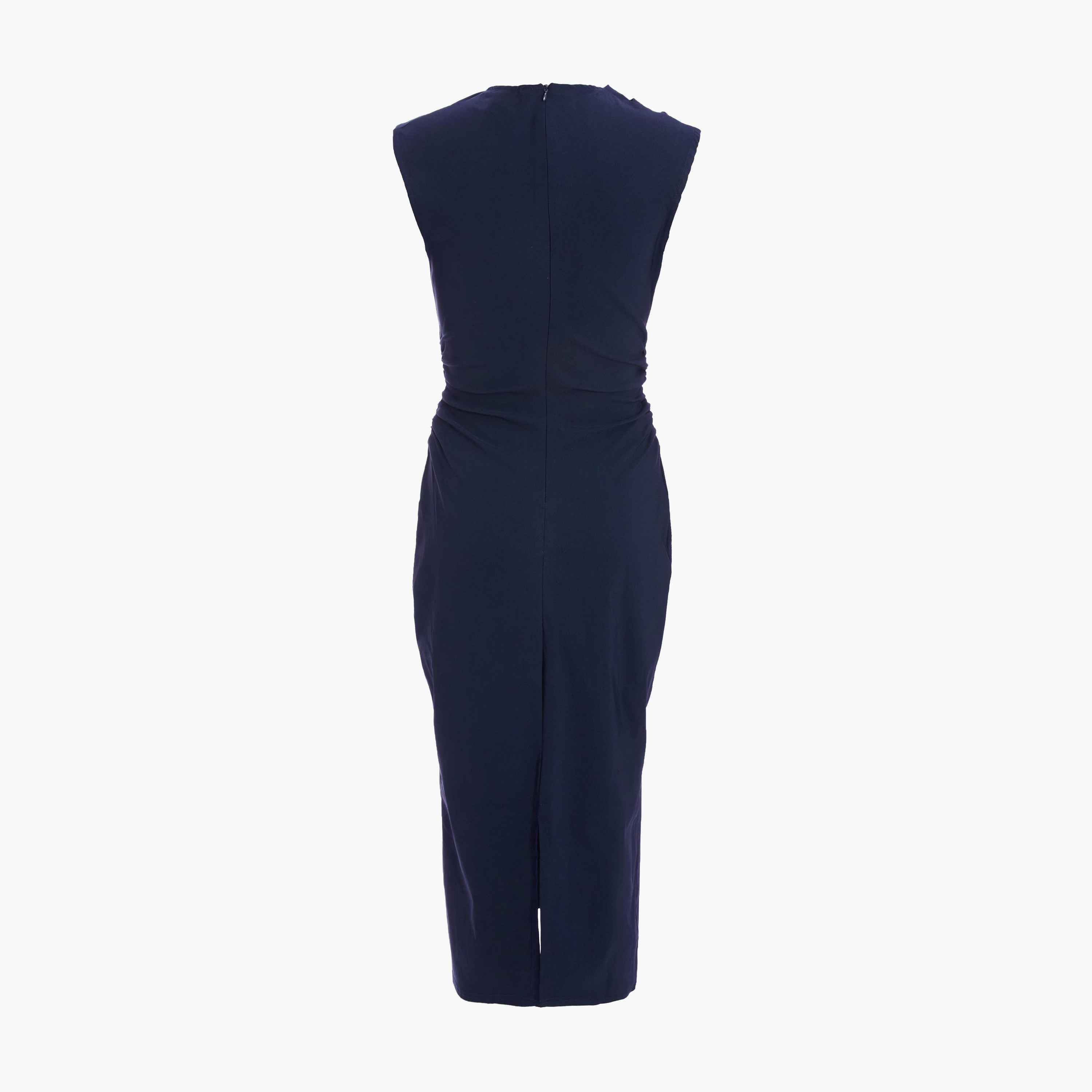 Quiz Navy Bengaline High Neck Ruched Midi Dress-women-clothing-dresses-image-6