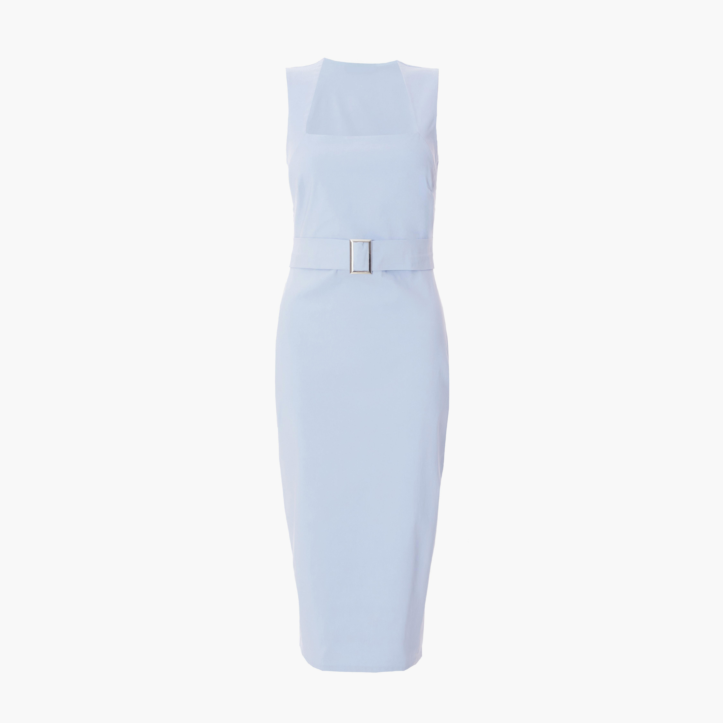 كويز-  فستان متوسط ​​الطول من البنغالين الأزرق بياقة بدون أكمام وحزام بإبزيم-women-clothing-dresses-image-5