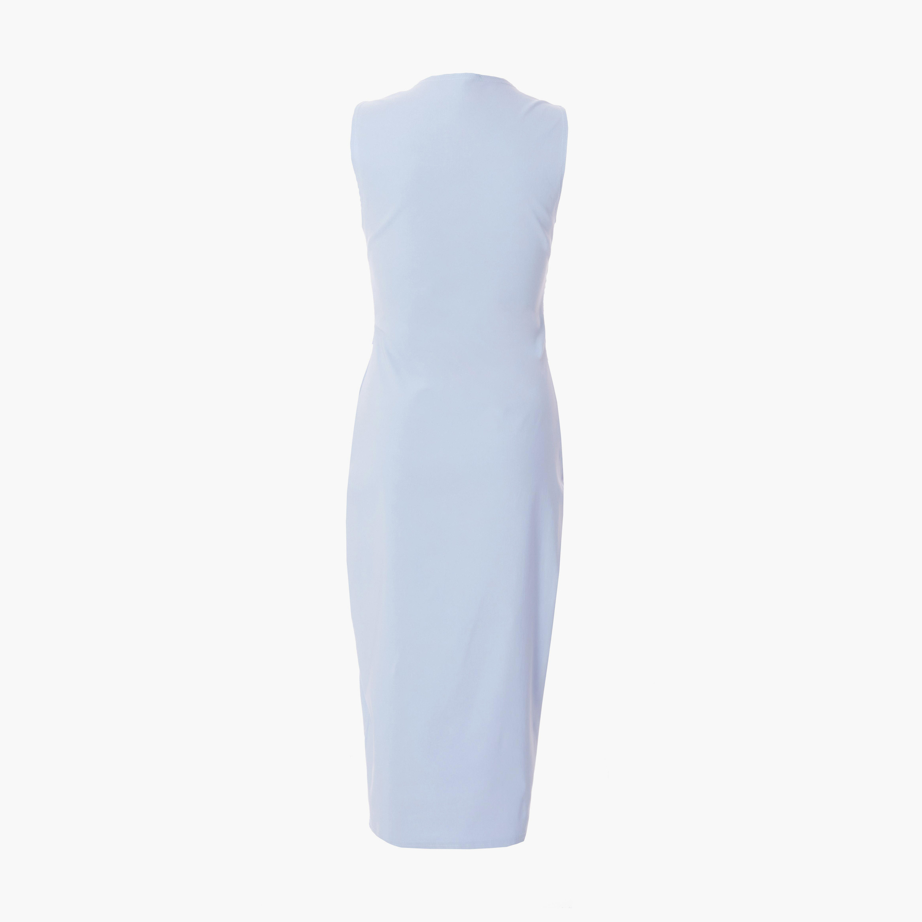 كويز-  فستان متوسط ​​الطول من البنغالين الأزرق بياقة بدون أكمام وحزام بإبزيم-women-clothing-dresses-image-6