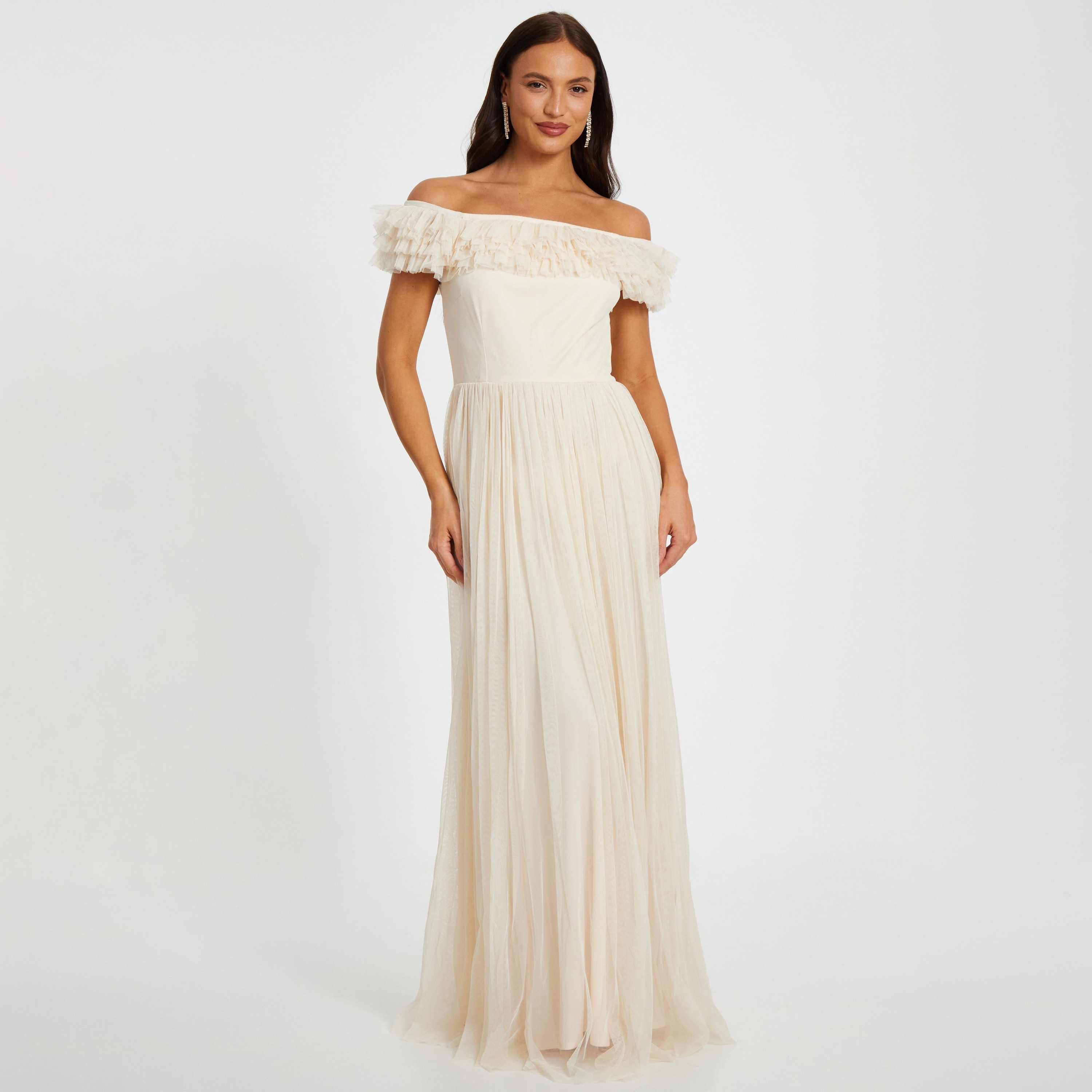 فستان ماكسي نسائي مكشوف الكتفين بفتحة رقبة باردة مع كشكشة شبكية من كويز-women-clothing-dresses-image-7