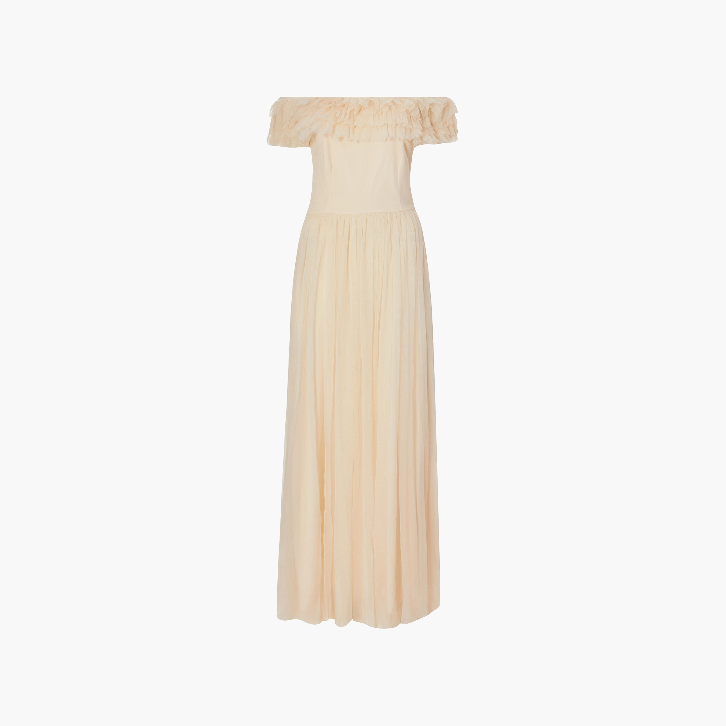 فستان ماكسي نسائي مكشوف الكتفين بفتحة رقبة باردة مع كشكشة شبكية من كويز-women-clothing-dresses-image-11