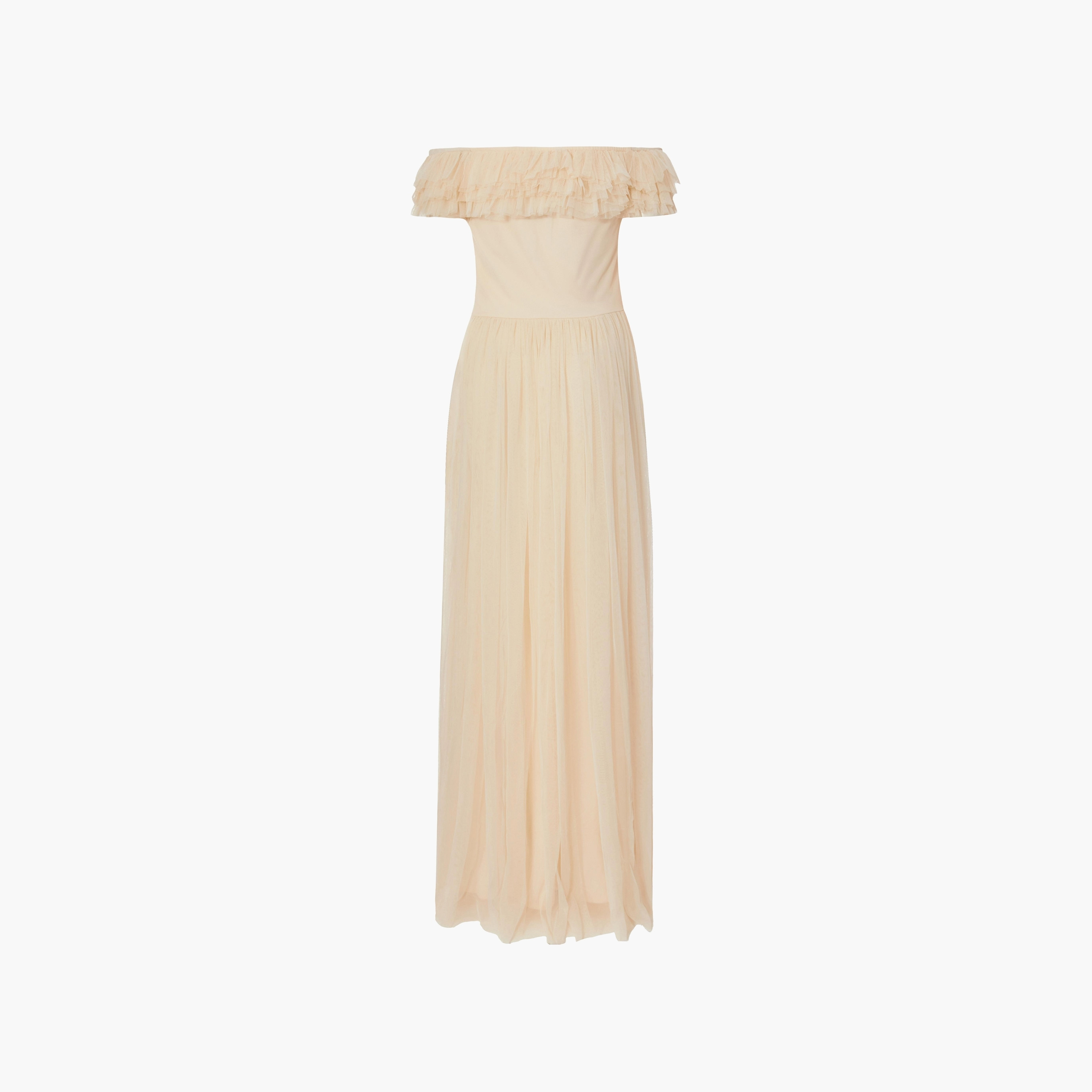 فستان ماكسي نسائي مكشوف الكتفين بفتحة رقبة باردة مع كشكشة شبكية من كويز-women-clothing-dresses-image-12
