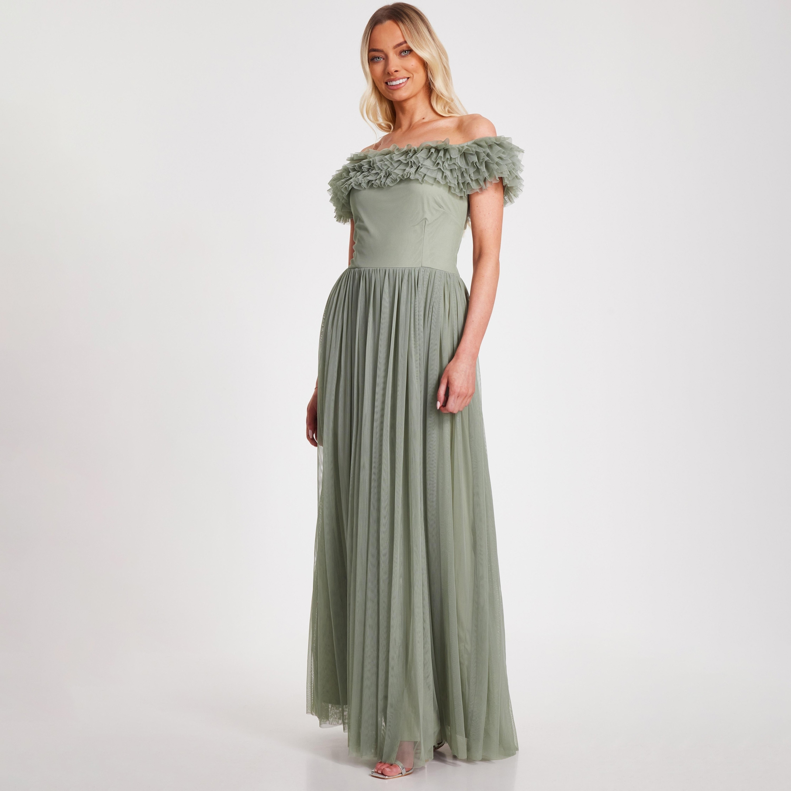 فستان ماكسي نسائي مكشوف الكتفين بفتحة رقبة باردة مع كشكشة شبكية من كويز-women-clothing-dresses-image-2