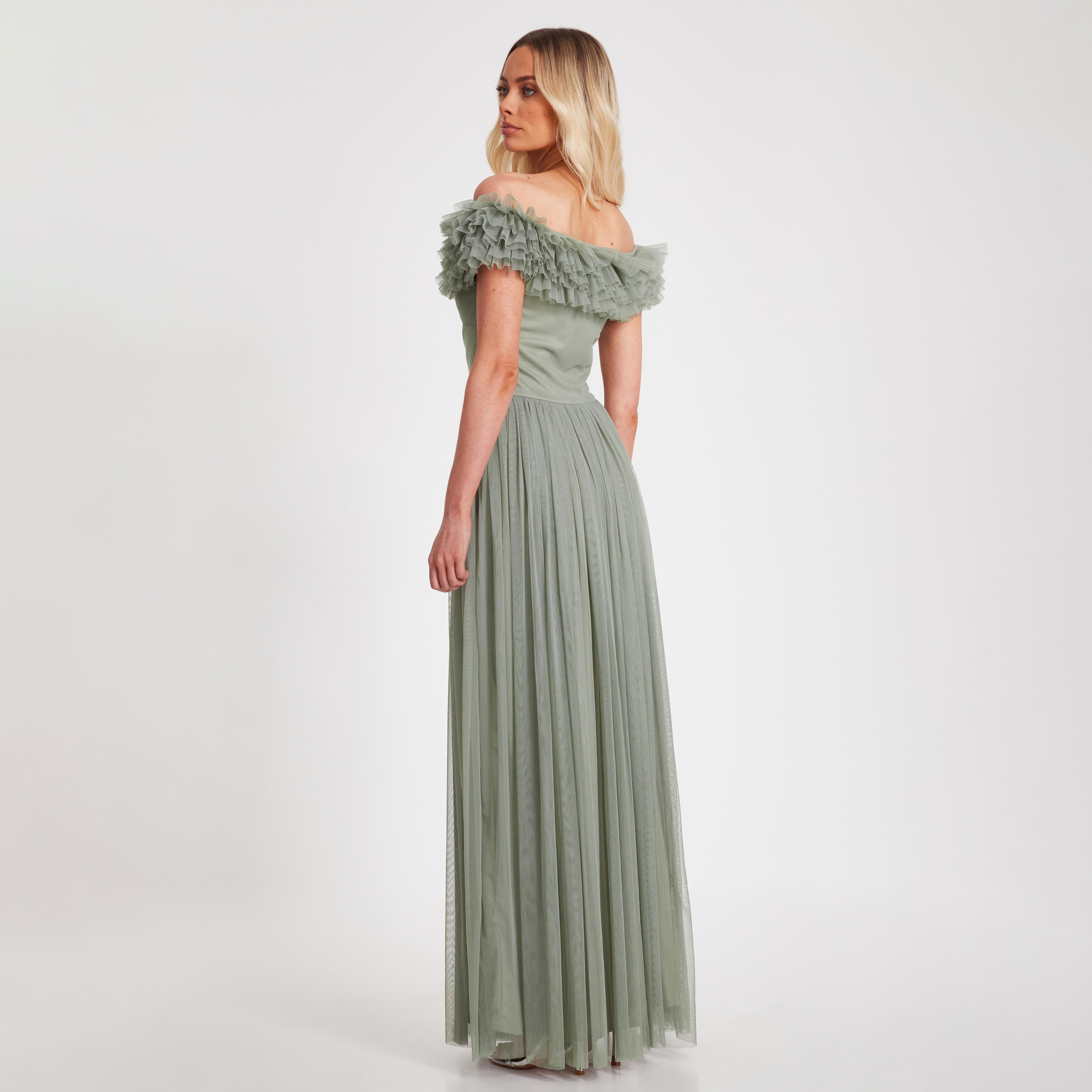 فستان ماكسي نسائي مكشوف الكتفين بفتحة رقبة باردة مع كشكشة شبكية من كويز-women-clothing-dresses-image-3