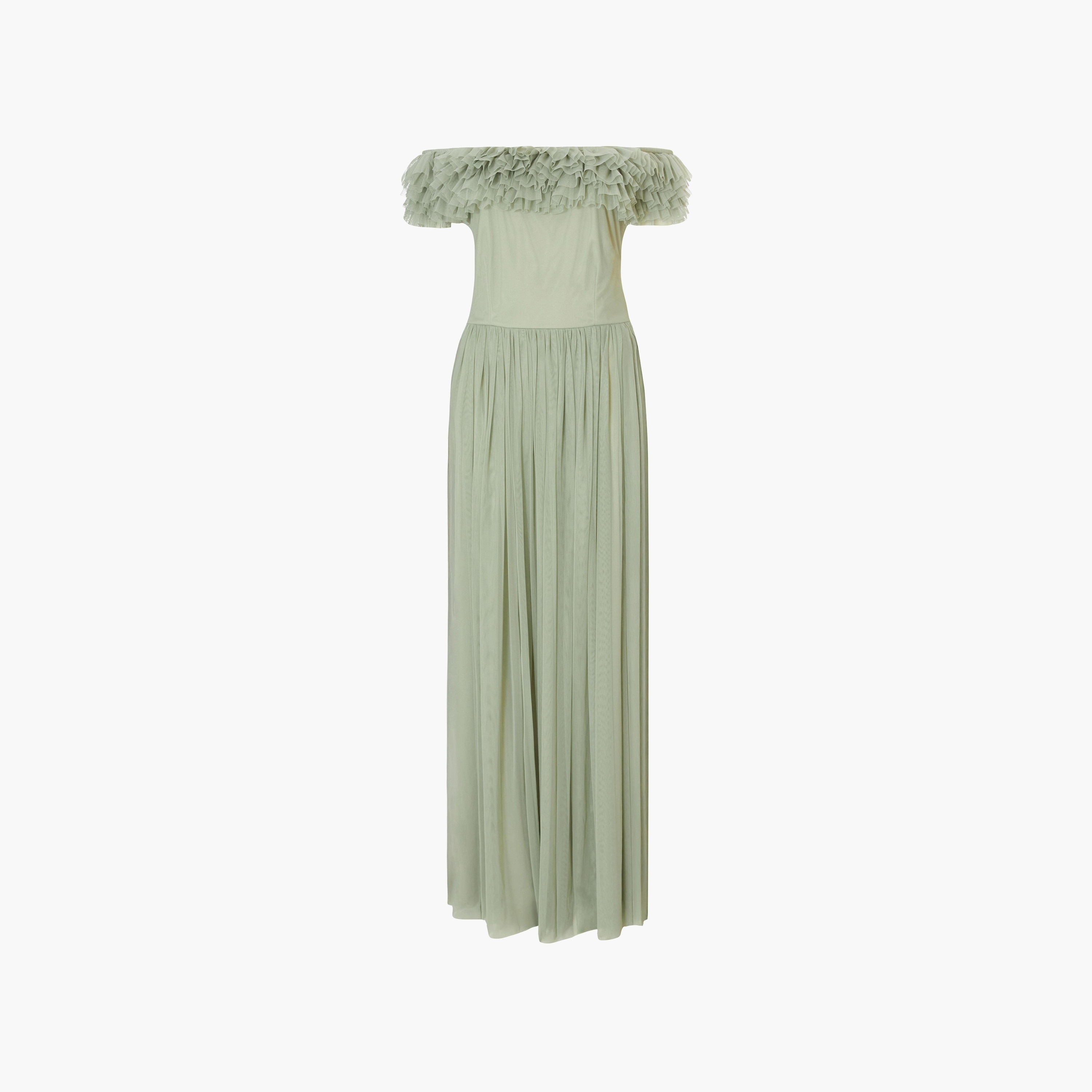 فستان ماكسي نسائي مكشوف الكتفين بفتحة رقبة باردة مع كشكشة شبكية من كويز-women-clothing-dresses-image-5