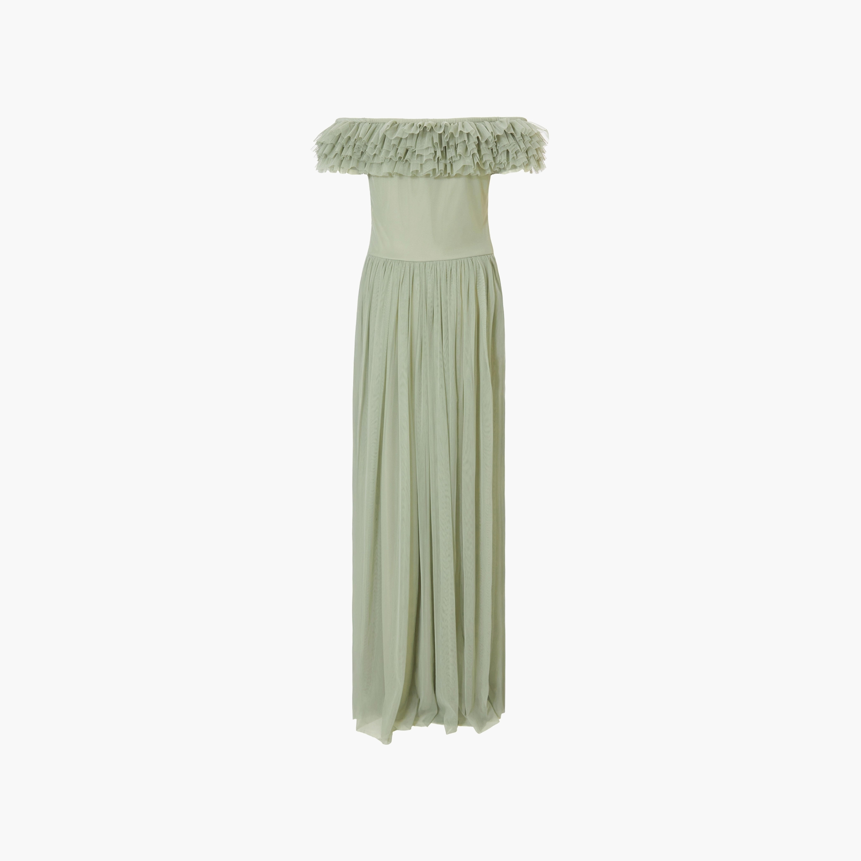 فستان ماكسي نسائي مكشوف الكتفين بفتحة رقبة باردة مع كشكشة شبكية من كويز-women-clothing-dresses-image-6
