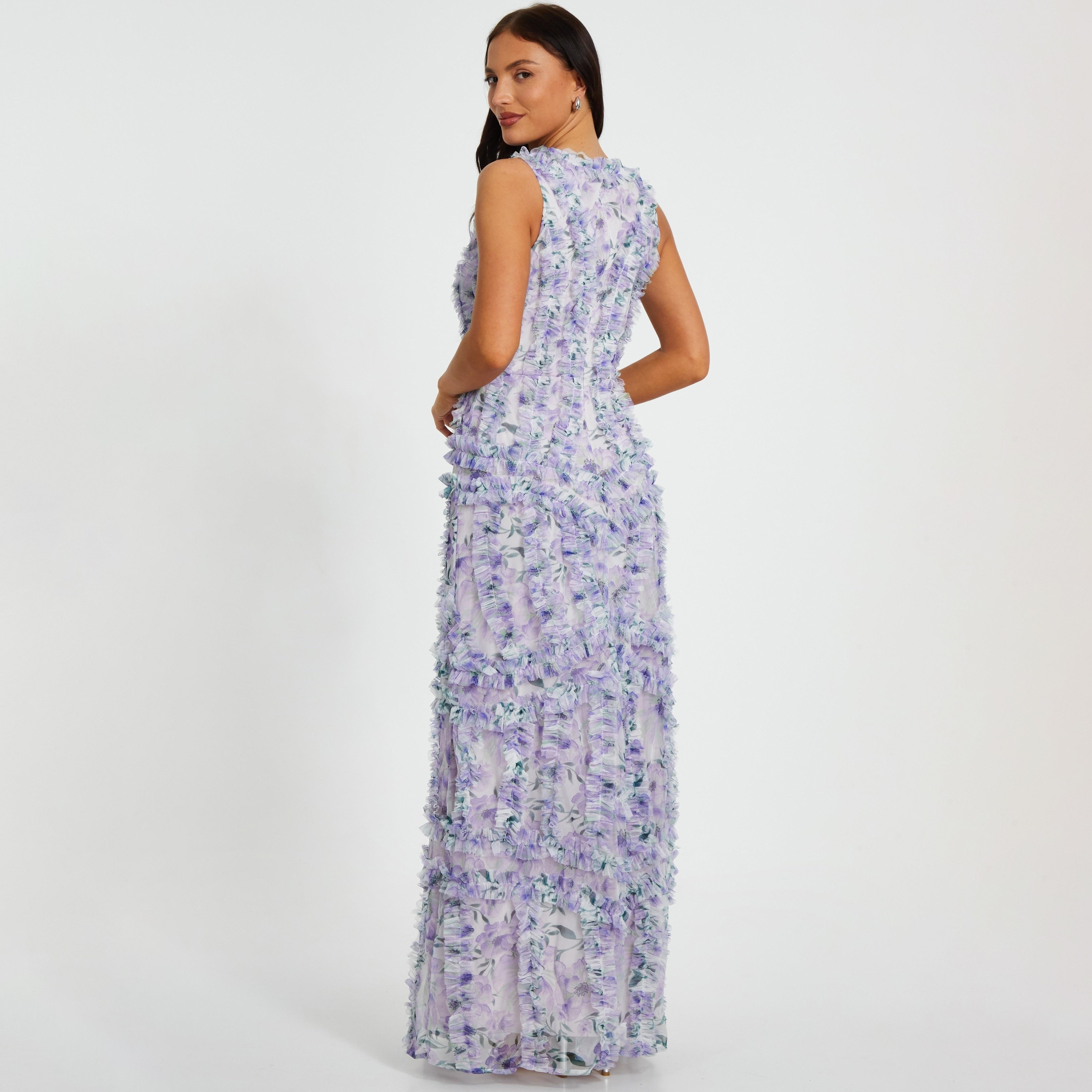 Quiz Floral Frill Mesh Ruffled Neck Cream Women Maxi Dress-women-clothing-dresses-image-3