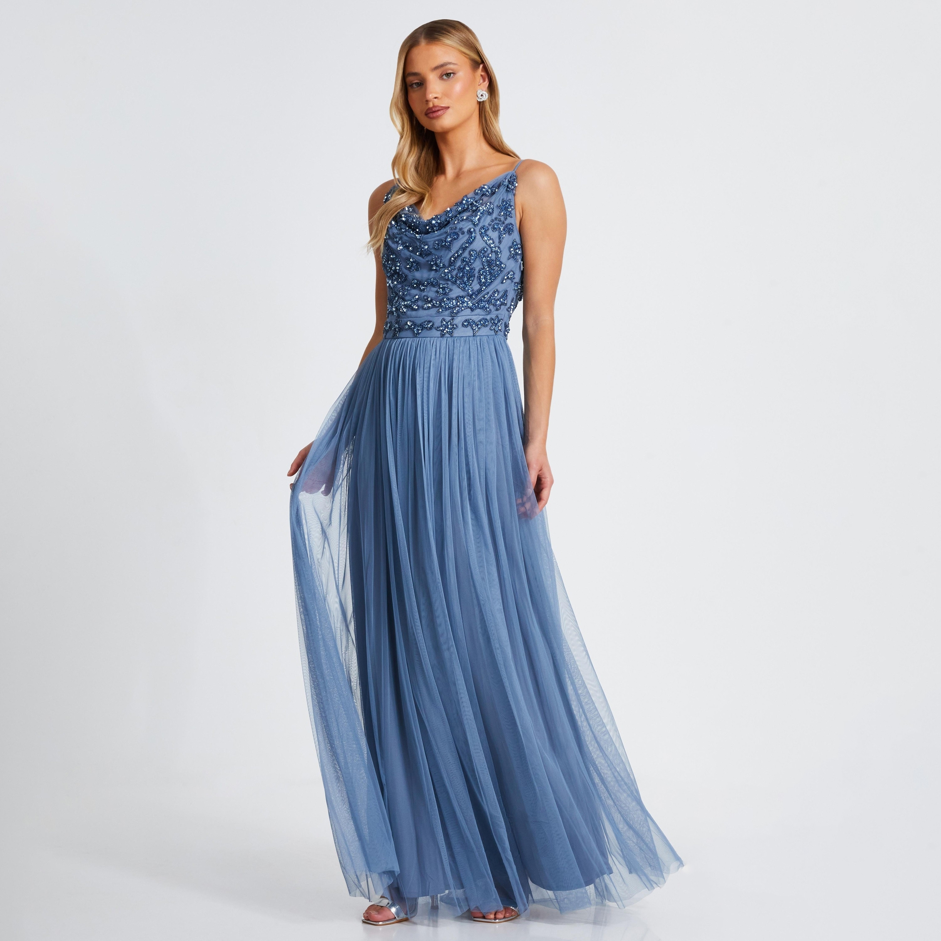 Quiz Beaded Mesh Cowl Neck Blue Women Evening Maxi Dress-women-clothing-dresses-image-2