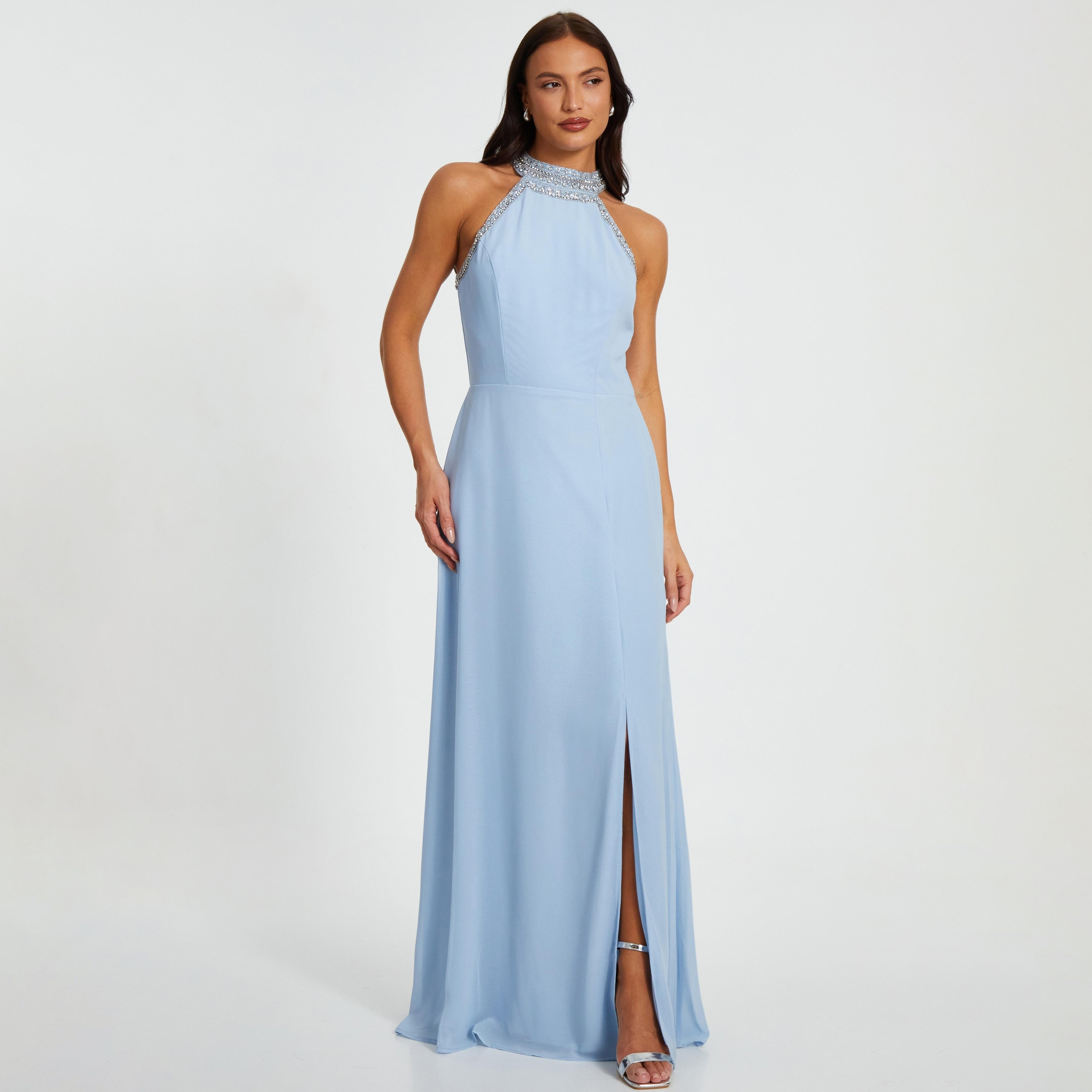 فستان ماكسي نسائي أزرق فاتح مزين بفتحة رقبة V من الشيفون من كويز-women-clothing-dresses-image-1