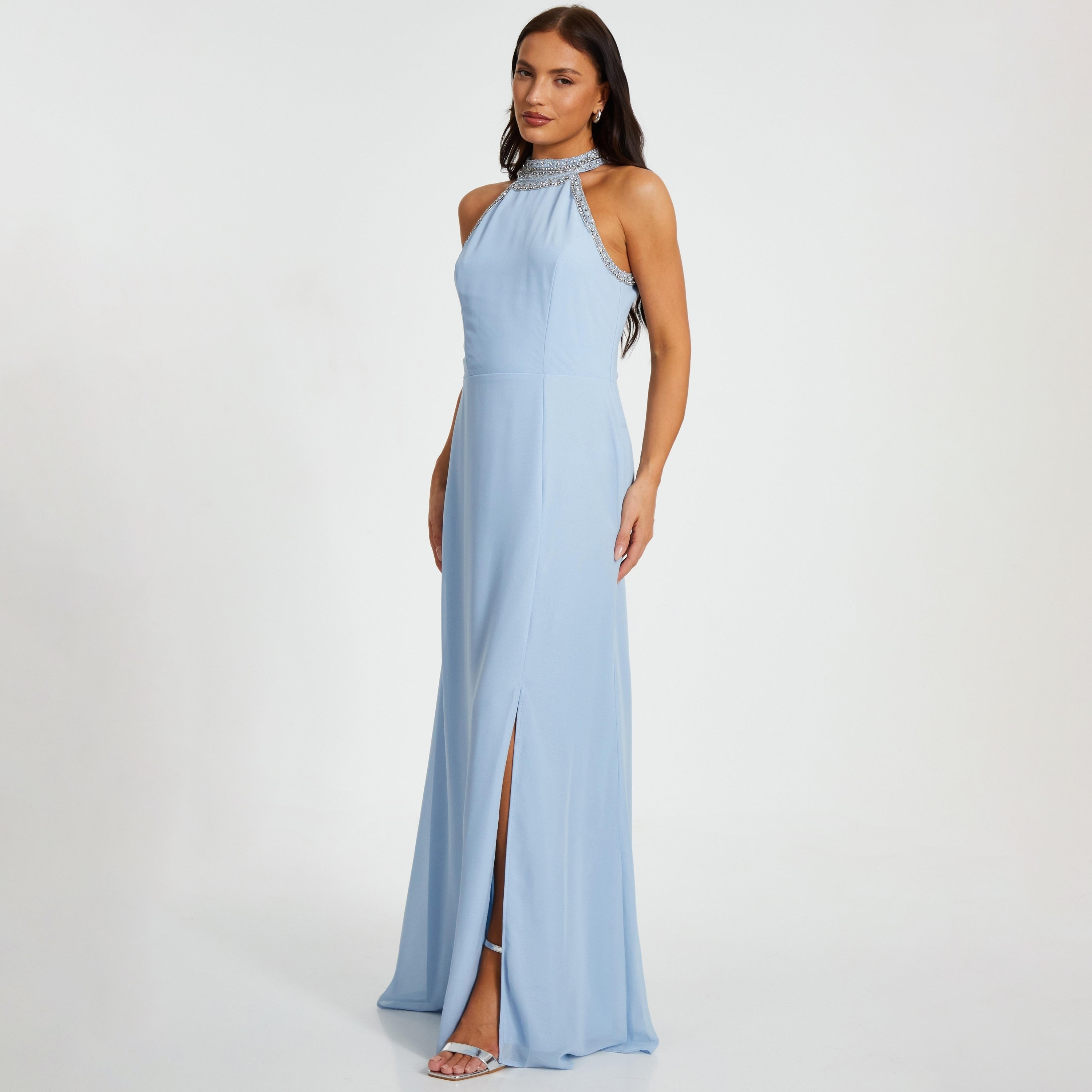 فستان ماكسي نسائي أزرق فاتح مزين بفتحة رقبة V من الشيفون من كويز-women-clothing-dresses-image-2