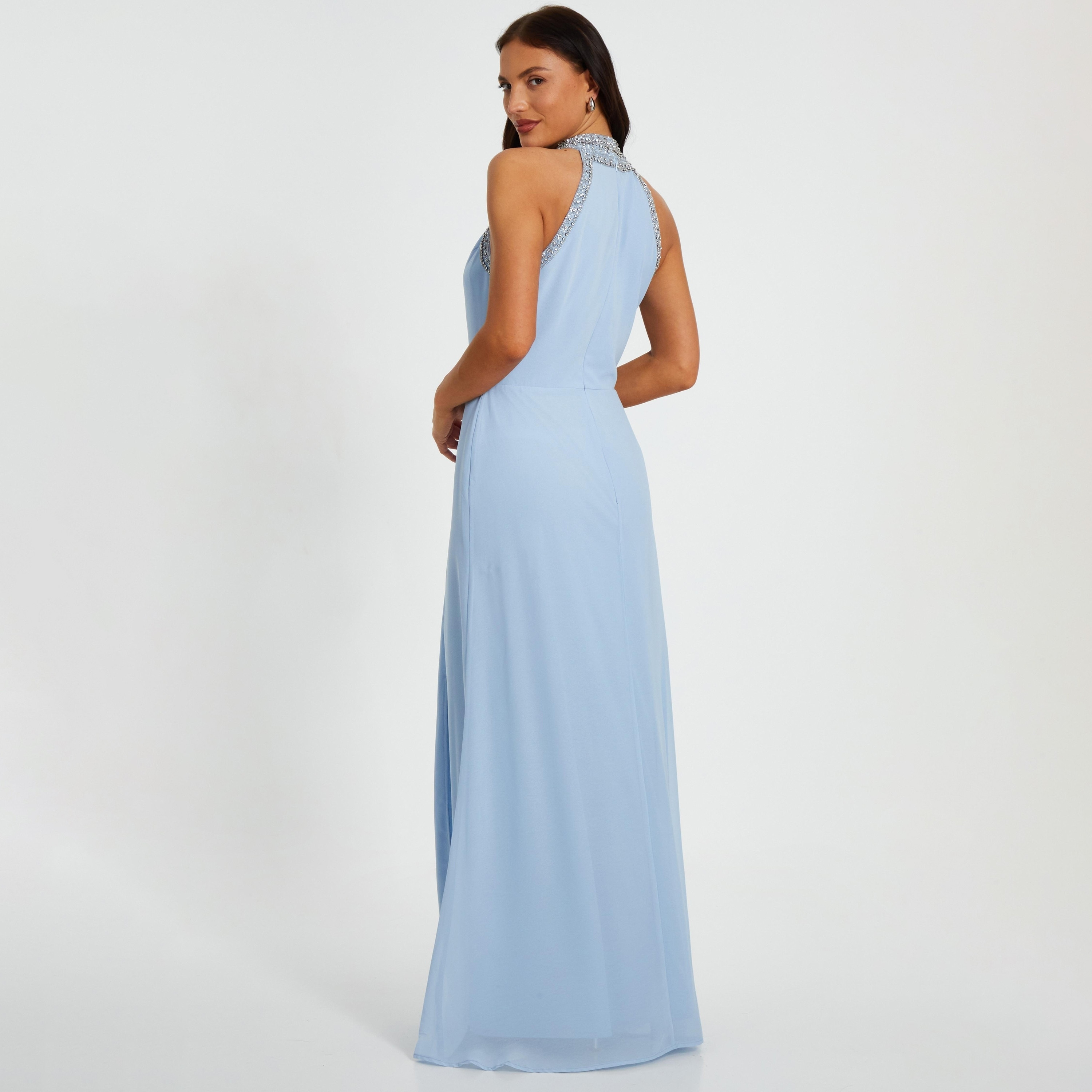 فستان ماكسي نسائي أزرق فاتح مزين بفتحة رقبة V من الشيفون من كويز-women-clothing-dresses-image-3