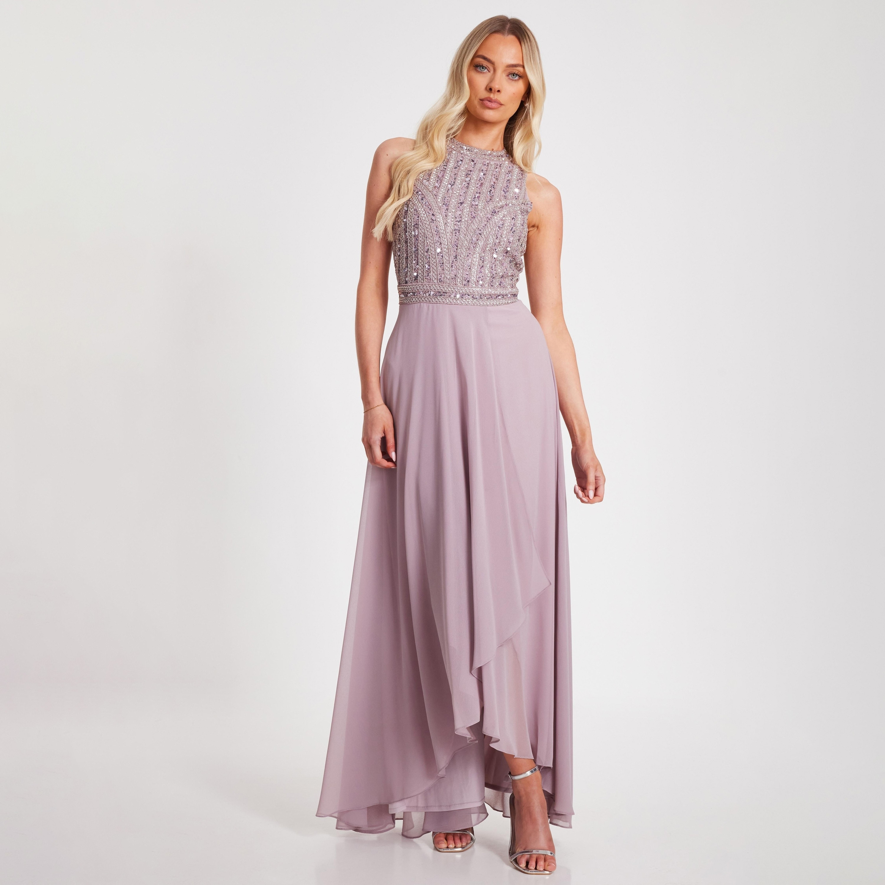 فستان سهرة ماكسي وردي فاتح للنساء، مزين بفتحة رقبة V، من الشيفون من كويز-women-clothing-dresses-image-1