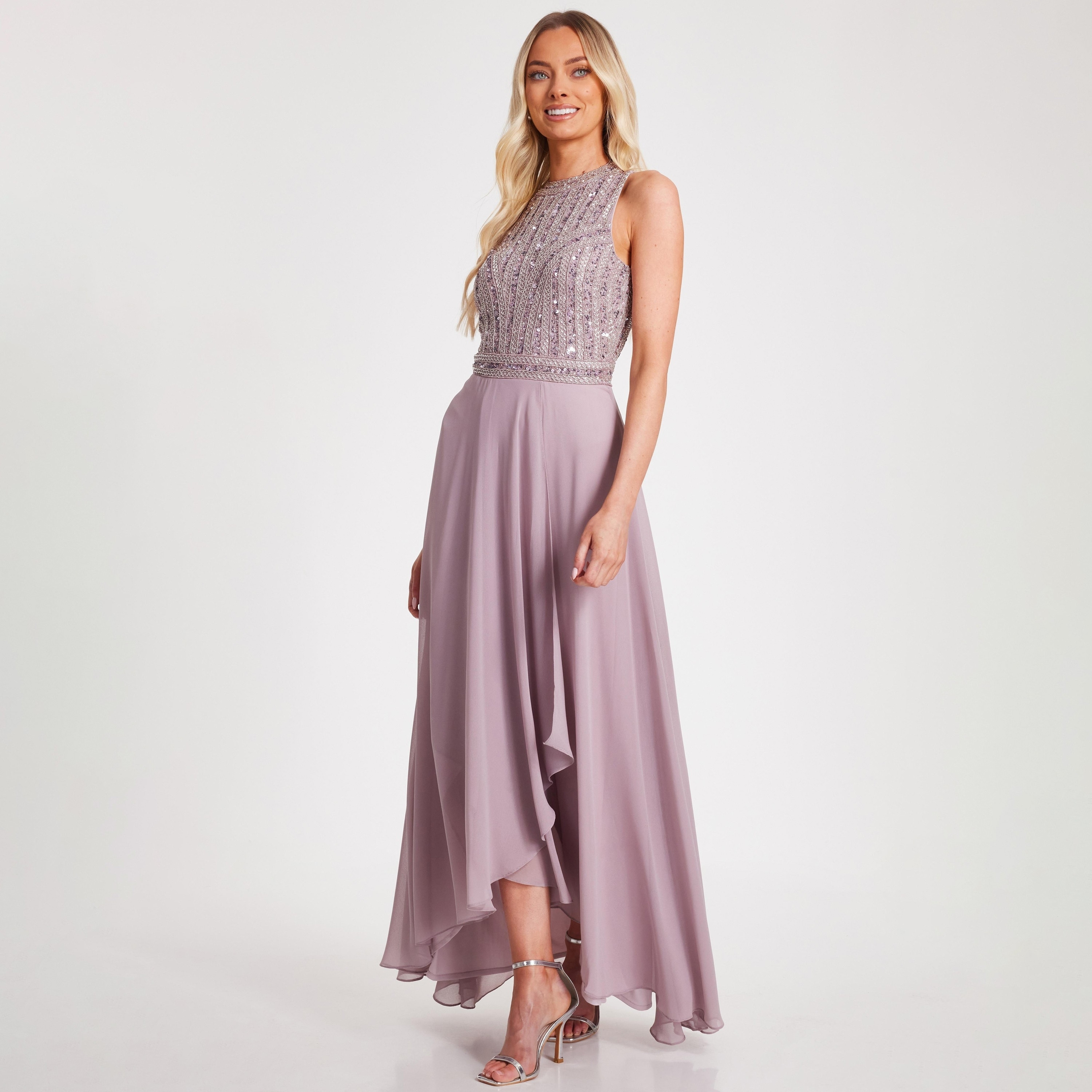 فستان سهرة ماكسي وردي فاتح للنساء، مزين بفتحة رقبة V، من الشيفون من كويز-women-clothing-dresses-image-2