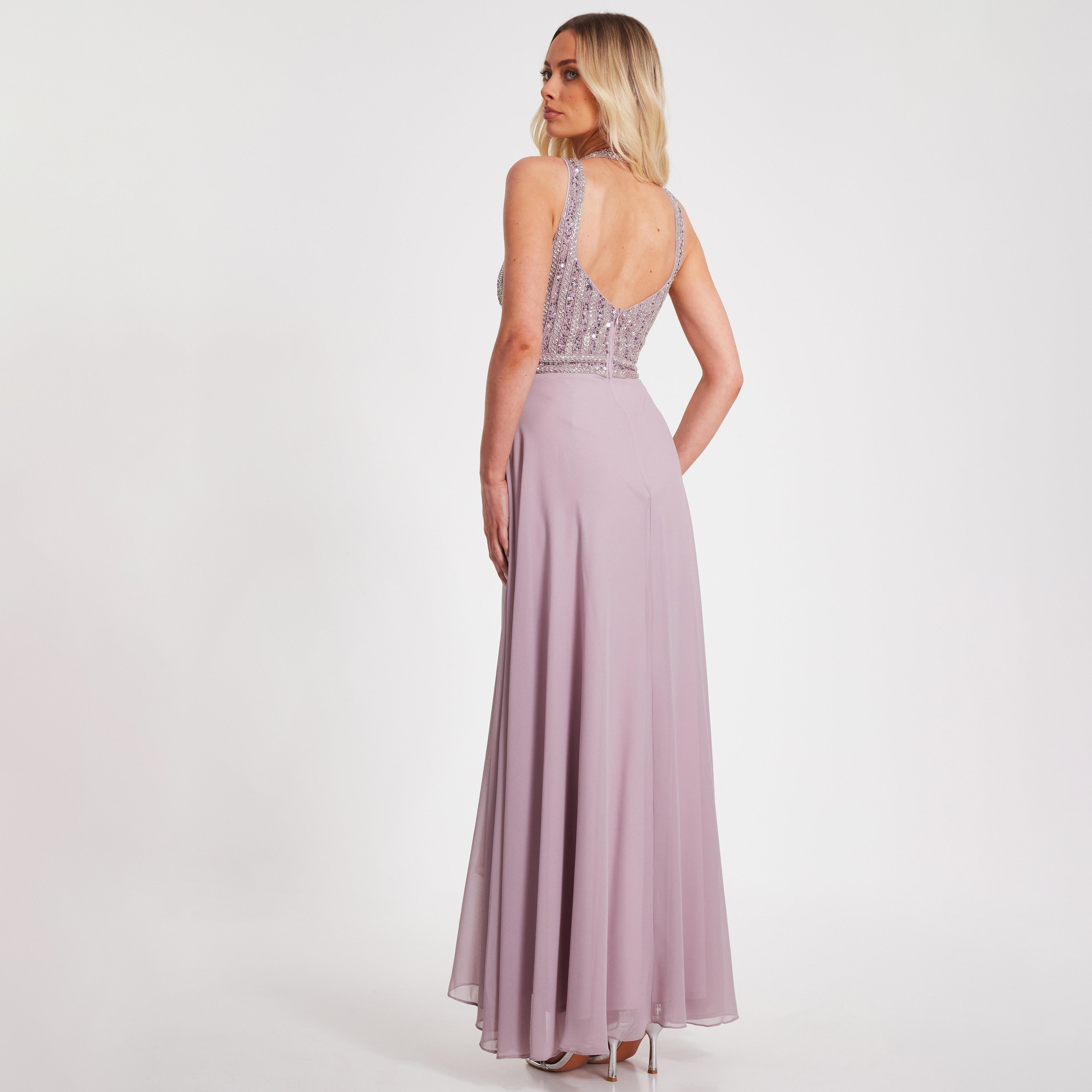 فستان سهرة ماكسي وردي فاتح للنساء، مزين بفتحة رقبة V، من الشيفون من كويز-women-clothing-dresses-image-3