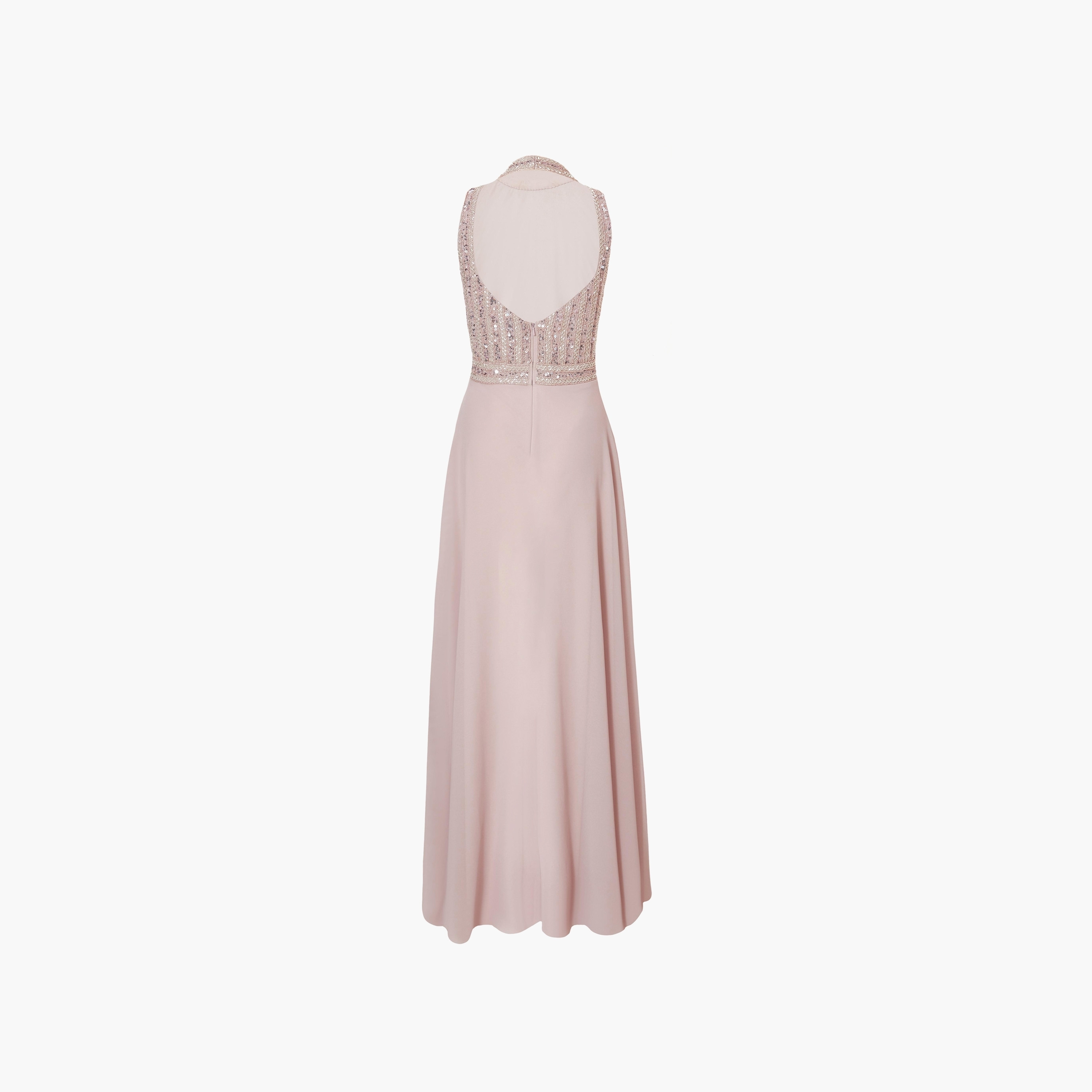 فستان سهرة ماكسي وردي فاتح للنساء، مزين بفتحة رقبة V، من الشيفون من كويز-women-clothing-dresses-image-6