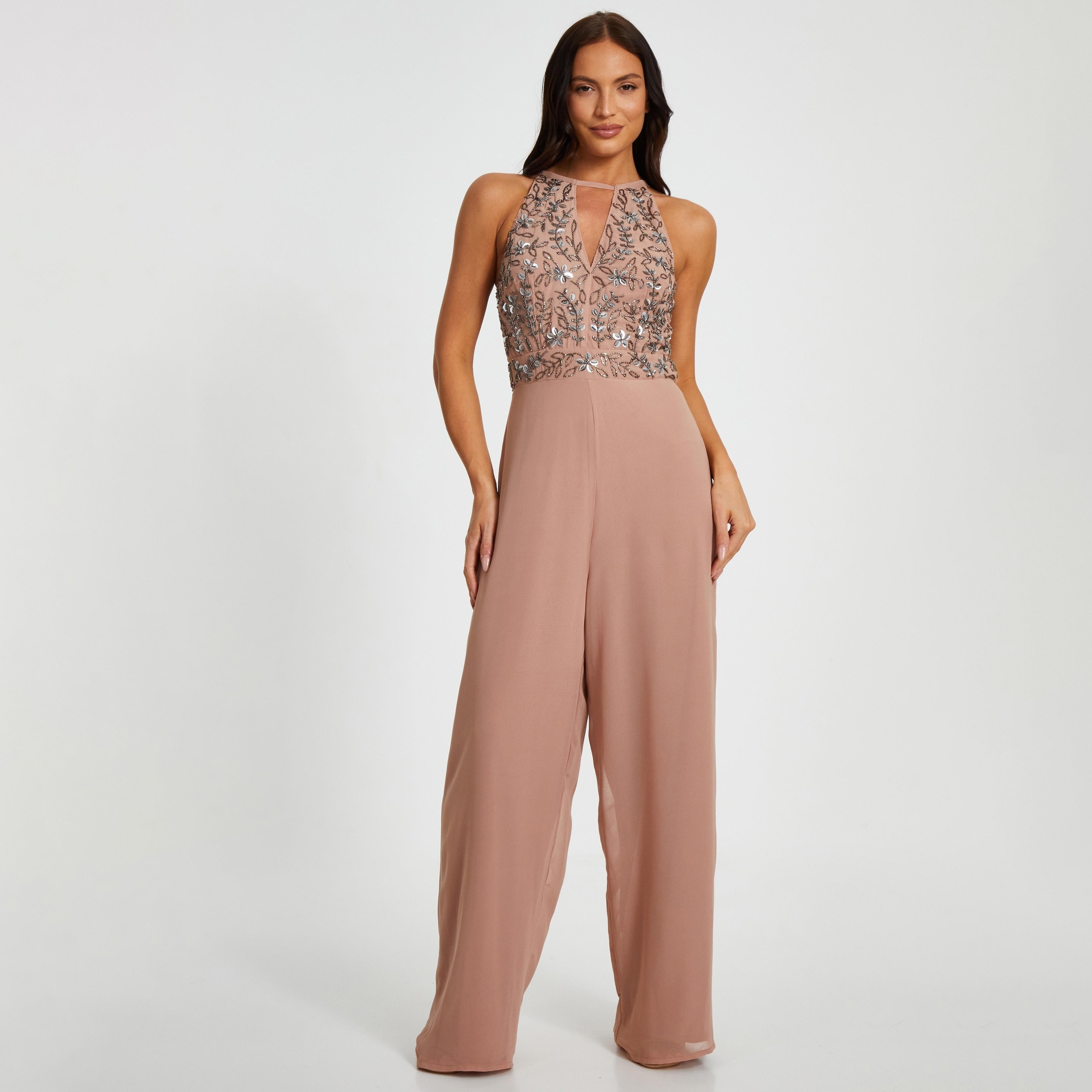Quiz Beaded Chiffon Halter Neck Taupe Jumpsuit-women-clothing-jumpsuits-image-1