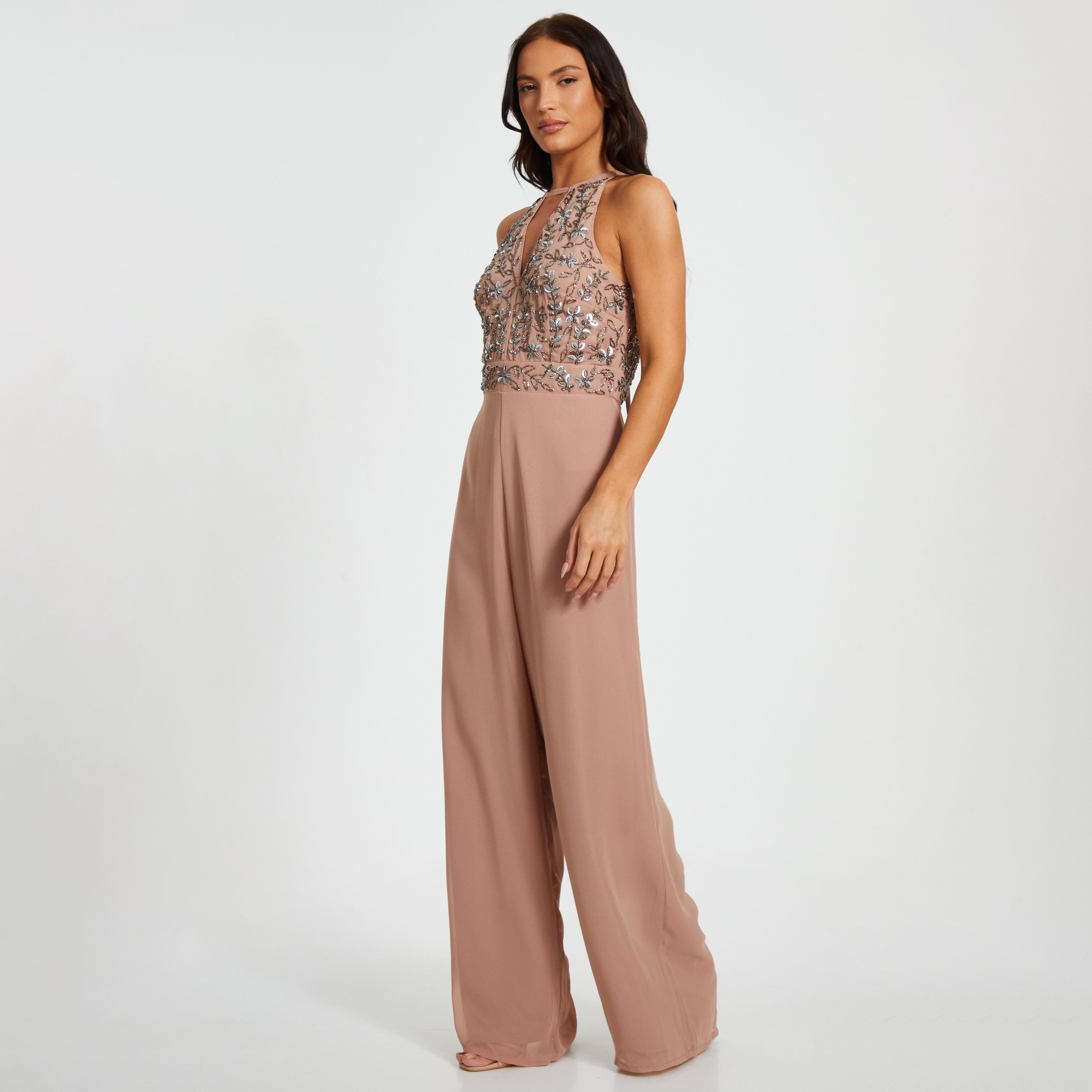 جمبسوت شيفون مطرز بالخرز وفتحة رقبة V بلون بني فاتح من كويز-women-clothing-jumpsuits-image-2