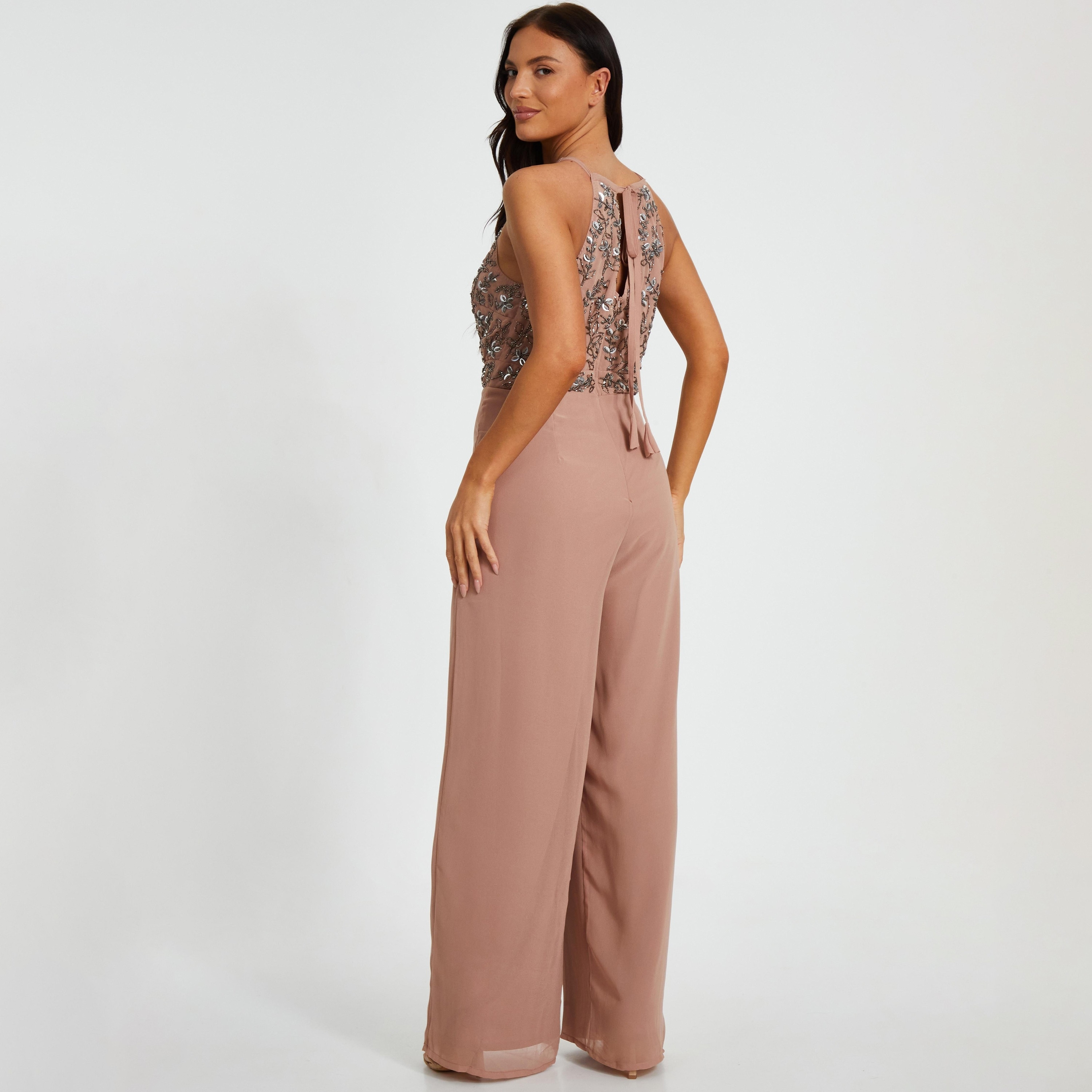 Quiz Beaded Chiffon Halter Neck Taupe Jumpsuit-women-clothing-jumpsuits-image-3