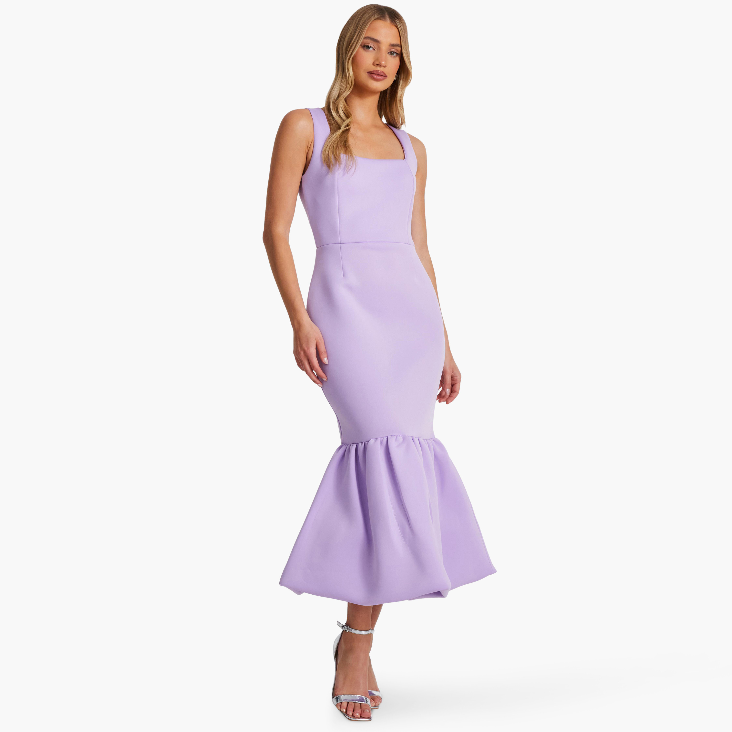 كويز-  فستان ميداكسي (بطول متوسط) أرجواني اللون مع رقبة مربعة من فوم سكوبا-women-clothing-dresses-image-1