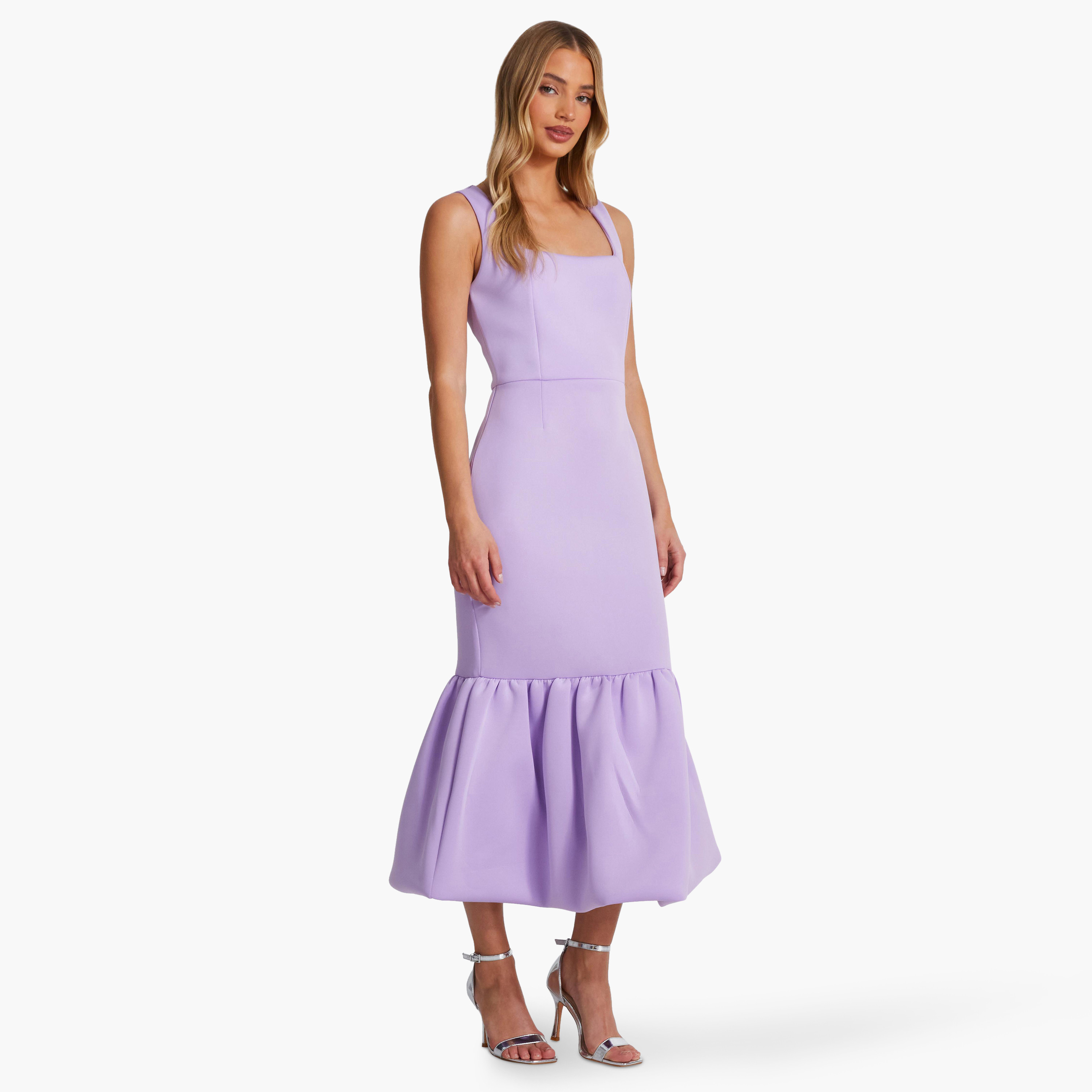 كويز-  فستان ميداكسي (بطول متوسط) أرجواني اللون مع رقبة مربعة من فوم سكوبا-women-clothing-dresses-image-2