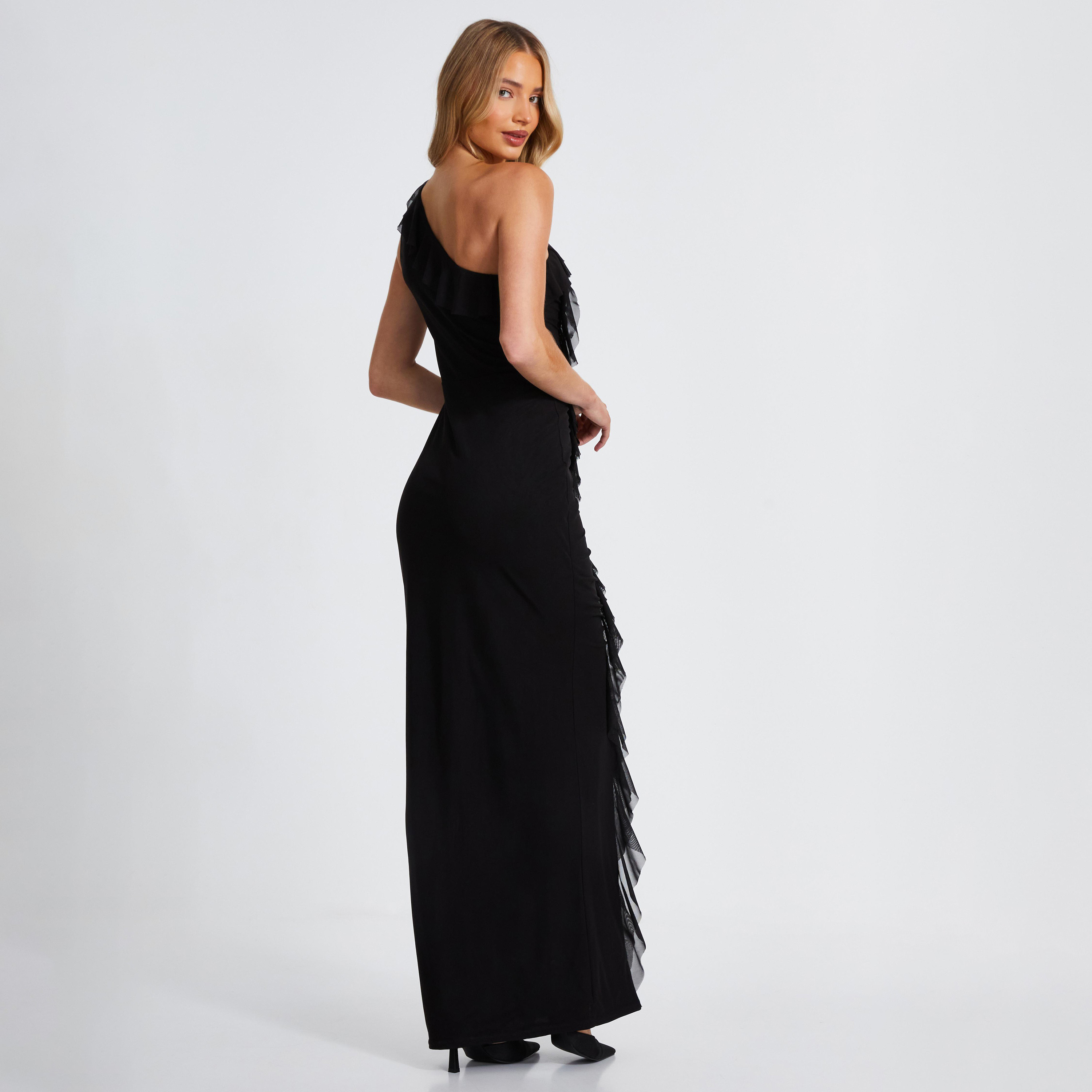 Quiz Black Mesh Frill Detail One Shoulder Evening Wear Women Midaxi Dress-women-clothing-dresses-image-3