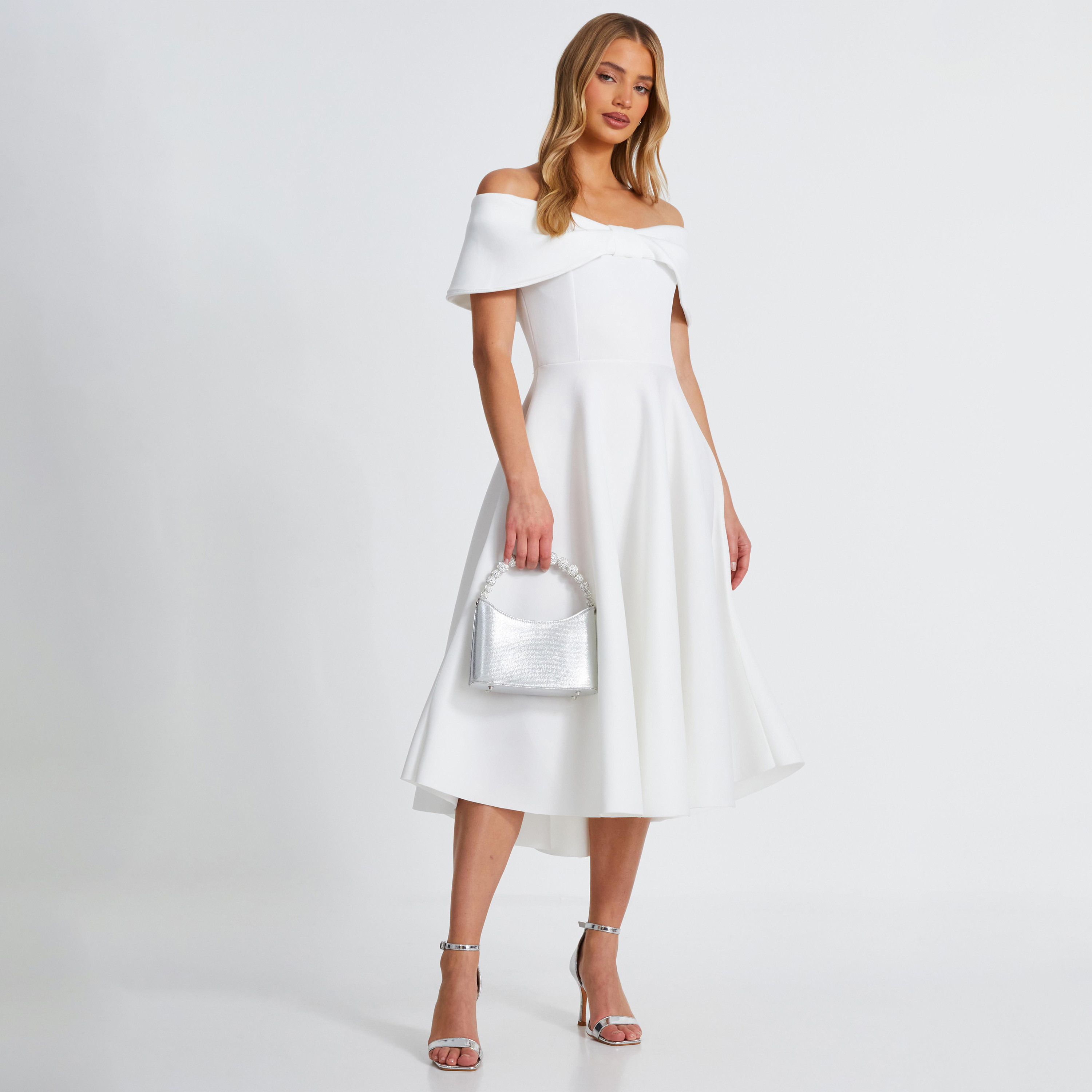 كويز-  فستان سكيتر عاجي اللون مع فيونكة باردو-women-clothing-dresses-image-1