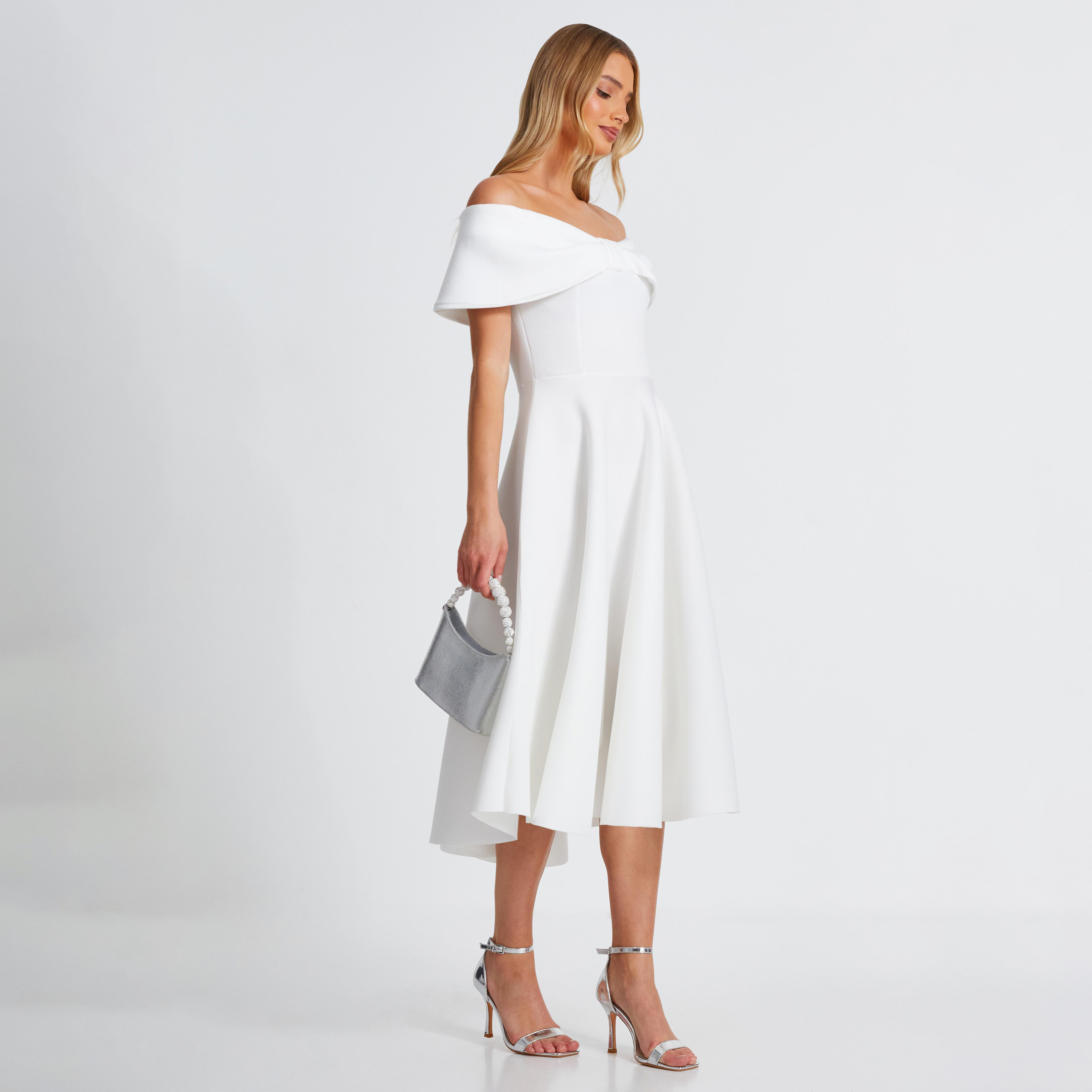 كويز-  فستان سكيتر عاجي اللون مع فيونكة باردو-women-clothing-dresses-image-2