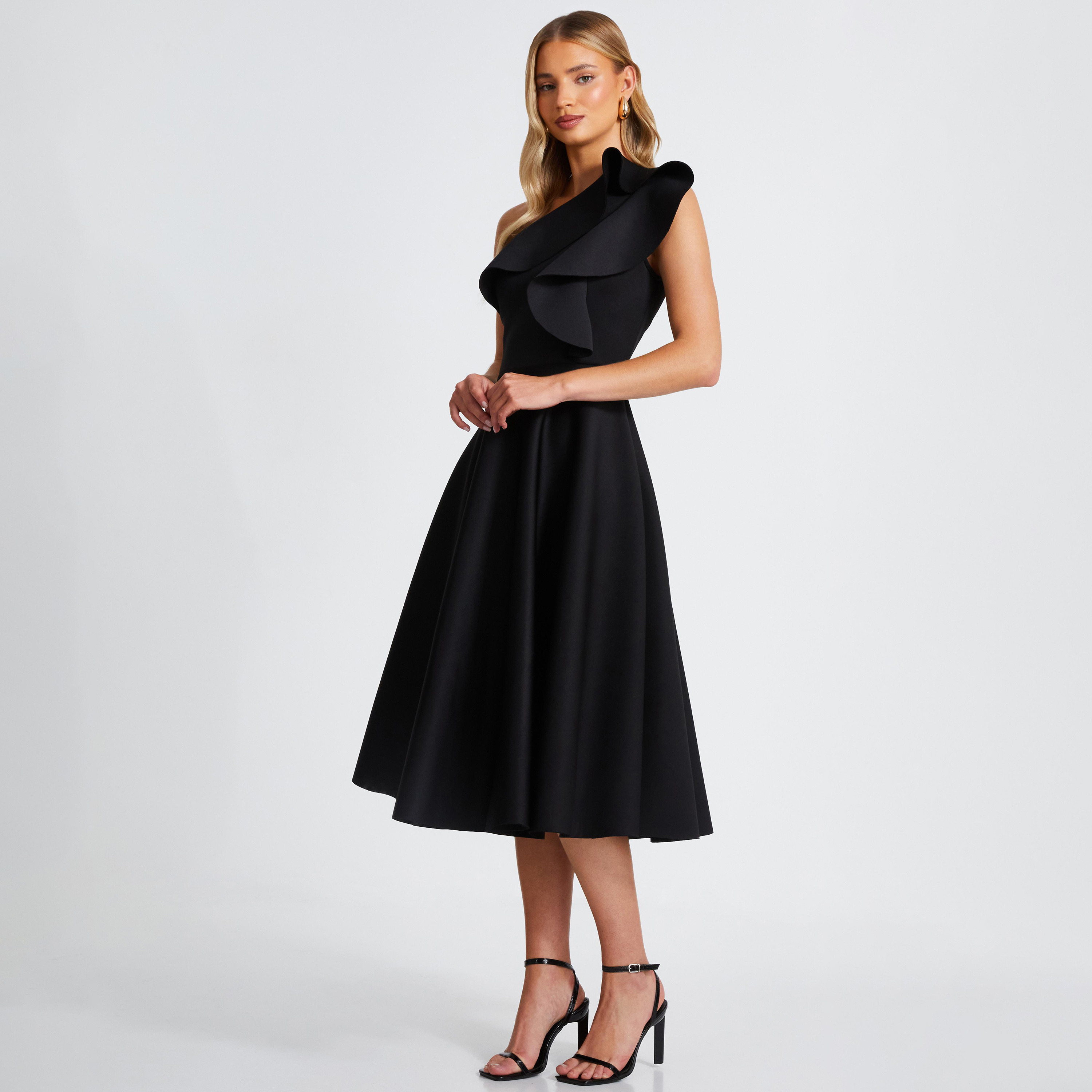 Quiz Black One Shoulder Frill Detail Women Skater Dress-women-clothing-dresses-image-2