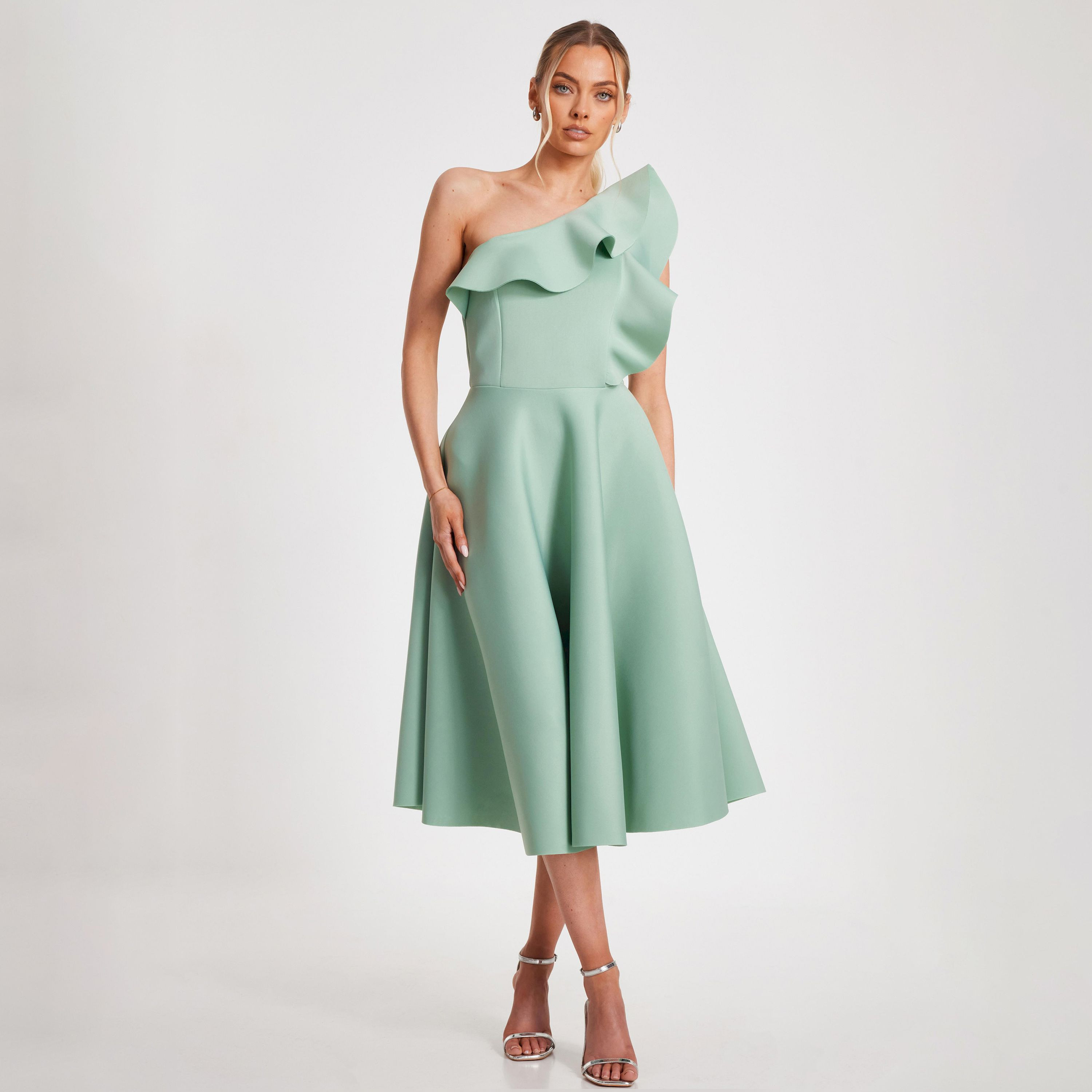 كويز-  فستان سكيتر بكتف واحد وبتفاصيل كشكشة لون رمادي الفاتح-women-clothing-dresses-image-1
