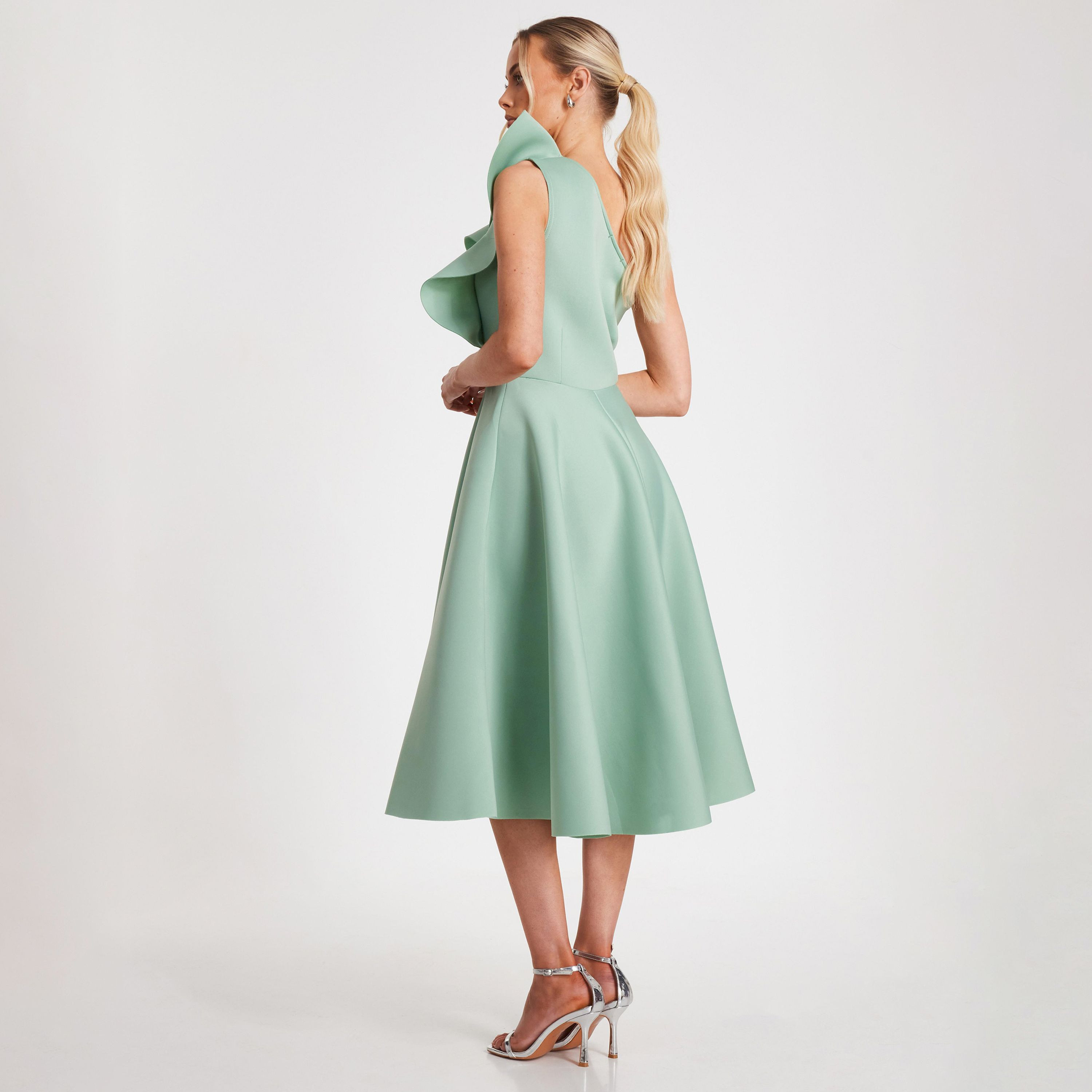 Quiz Sage One Shoulder Frill-Detail Women's Evening Wear Midi Skater Dress-women-clothing-dresses-image-3