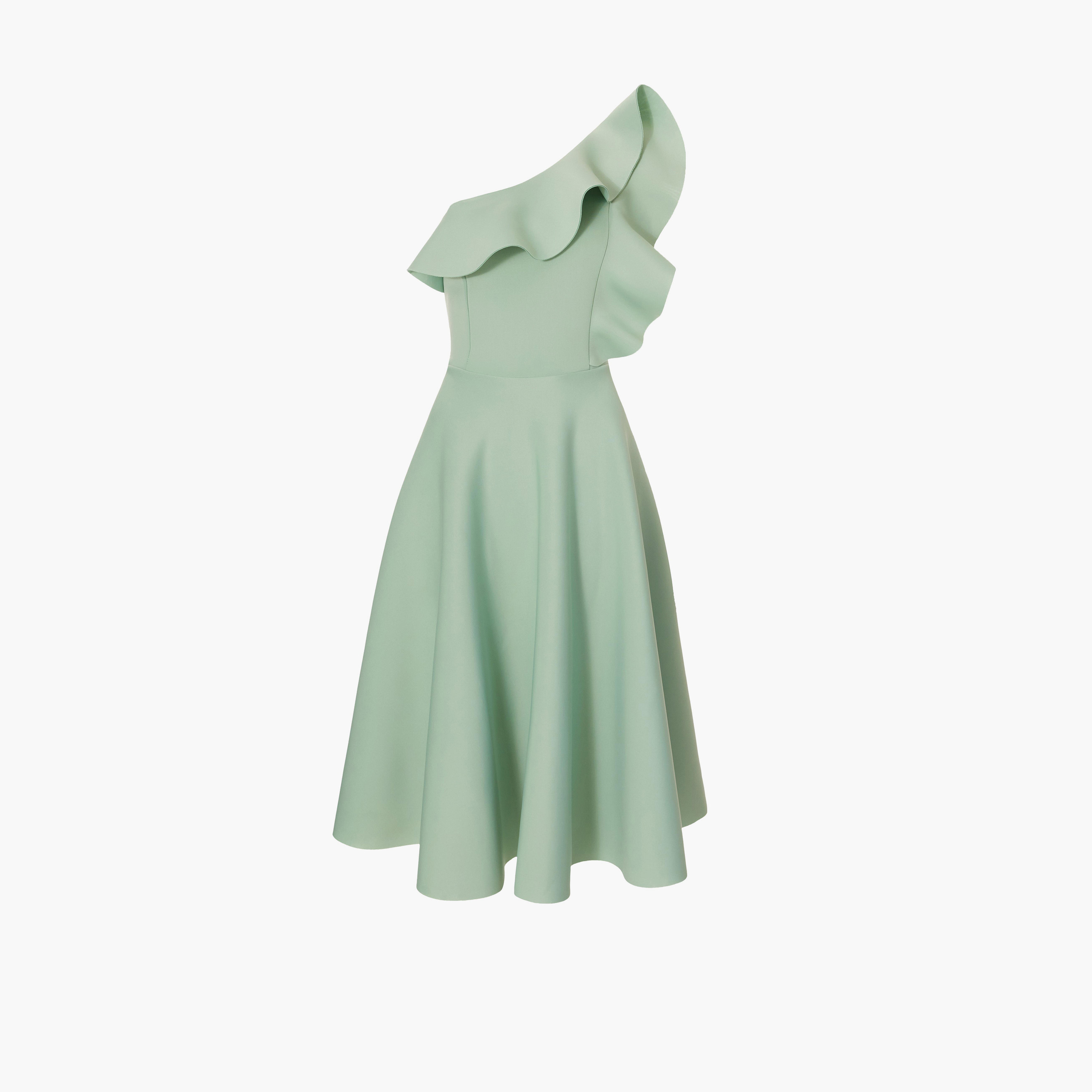 كويز-  فستان سكيتر بكتف واحد وبتفاصيل كشكشة لون رمادي الفاتح-women-clothing-dresses-image-4