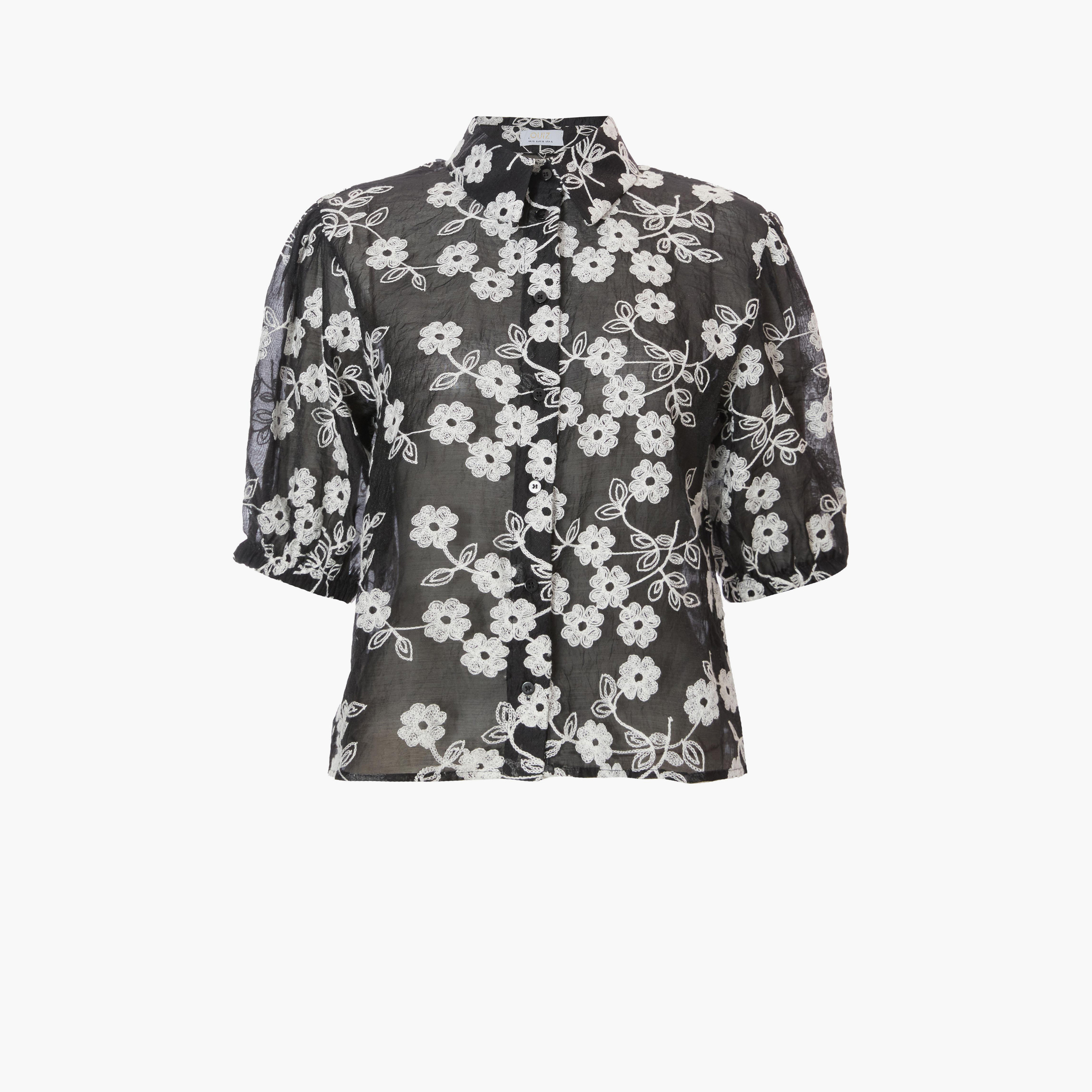 كويز-  بلوزة سوداء مطرزة بأكمام منفوخة من الأورجانزا-women-clothing-shirtsandblouses-blouses-image-4