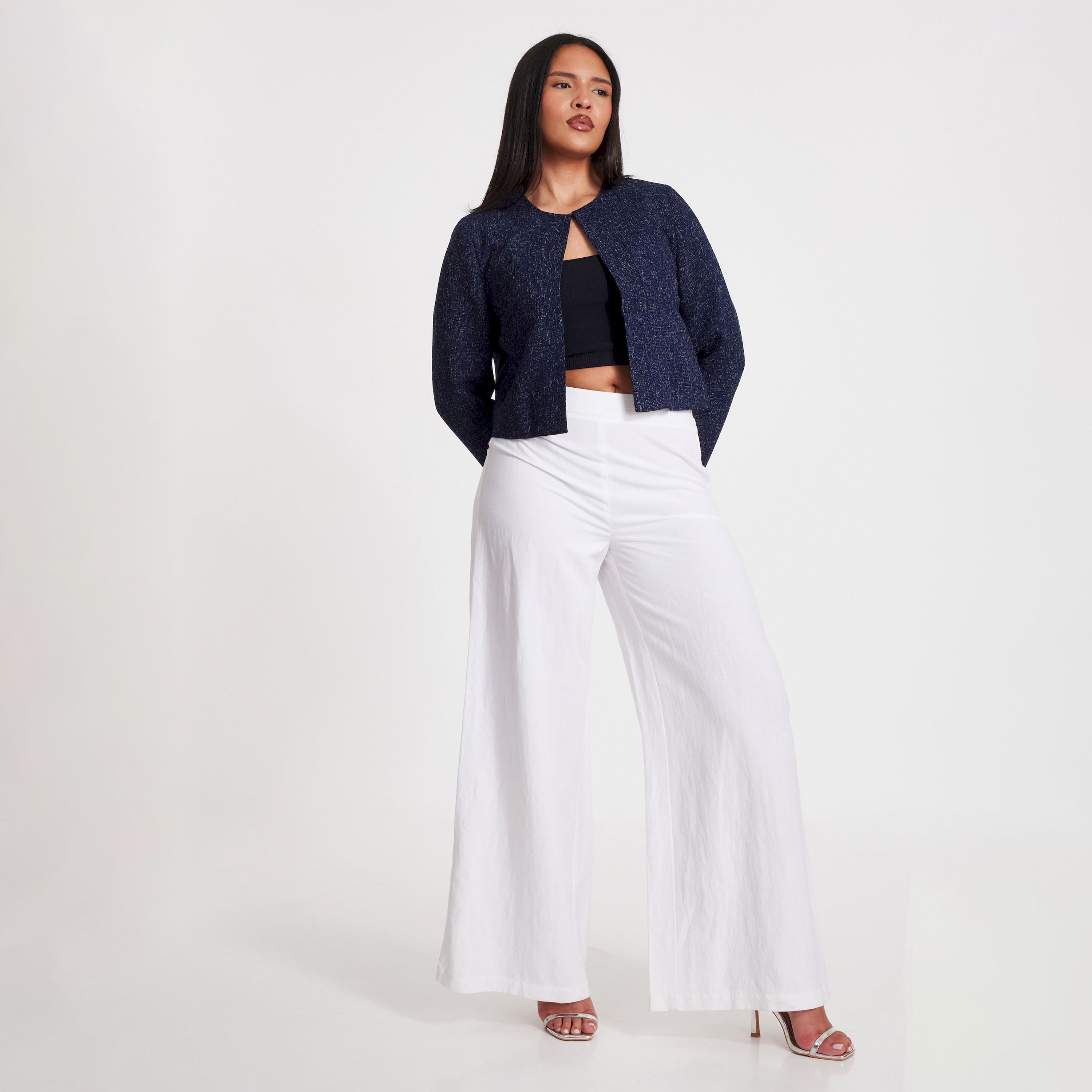 كويز-  سترة قصيرة بدون ياقة من قماش البوكليه البحري-women-winterwear-coatsandjackets-jackets-image-6