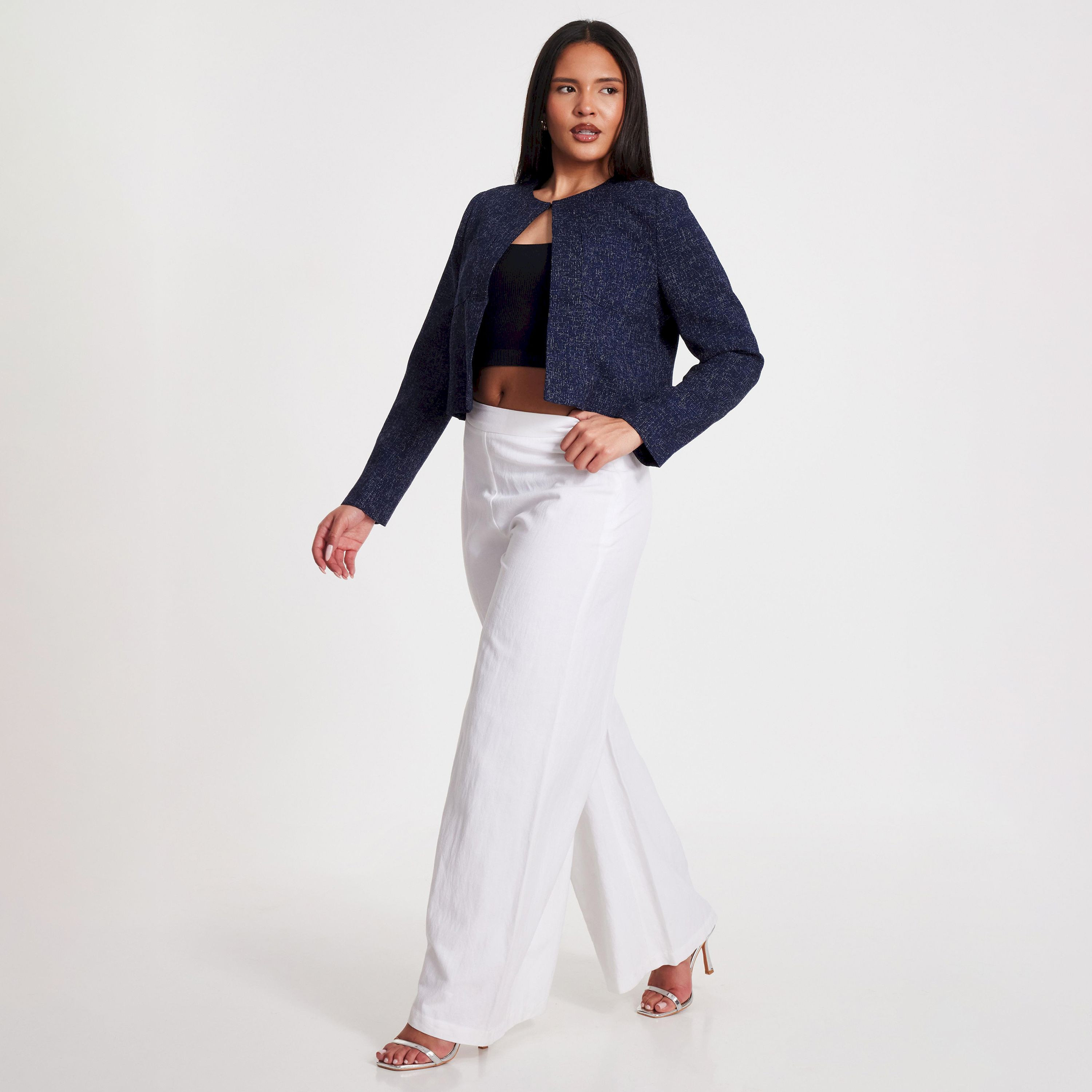 Quiz Navy Boucle Collarless Cropped Jacket-women-winterwear-coatsandjackets-jackets-image-2